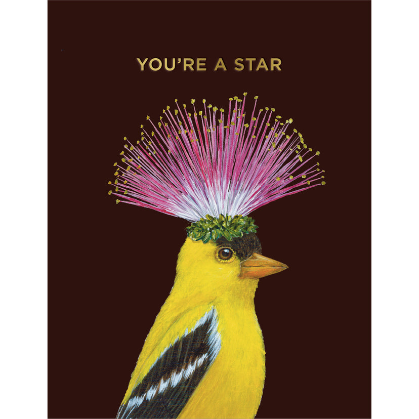 You're a Star Goldfinch Card by Vicki Sawyer featuring a Goldfinch wearing a bright pink flower hat with gold foiled text that reads "You're a Star".