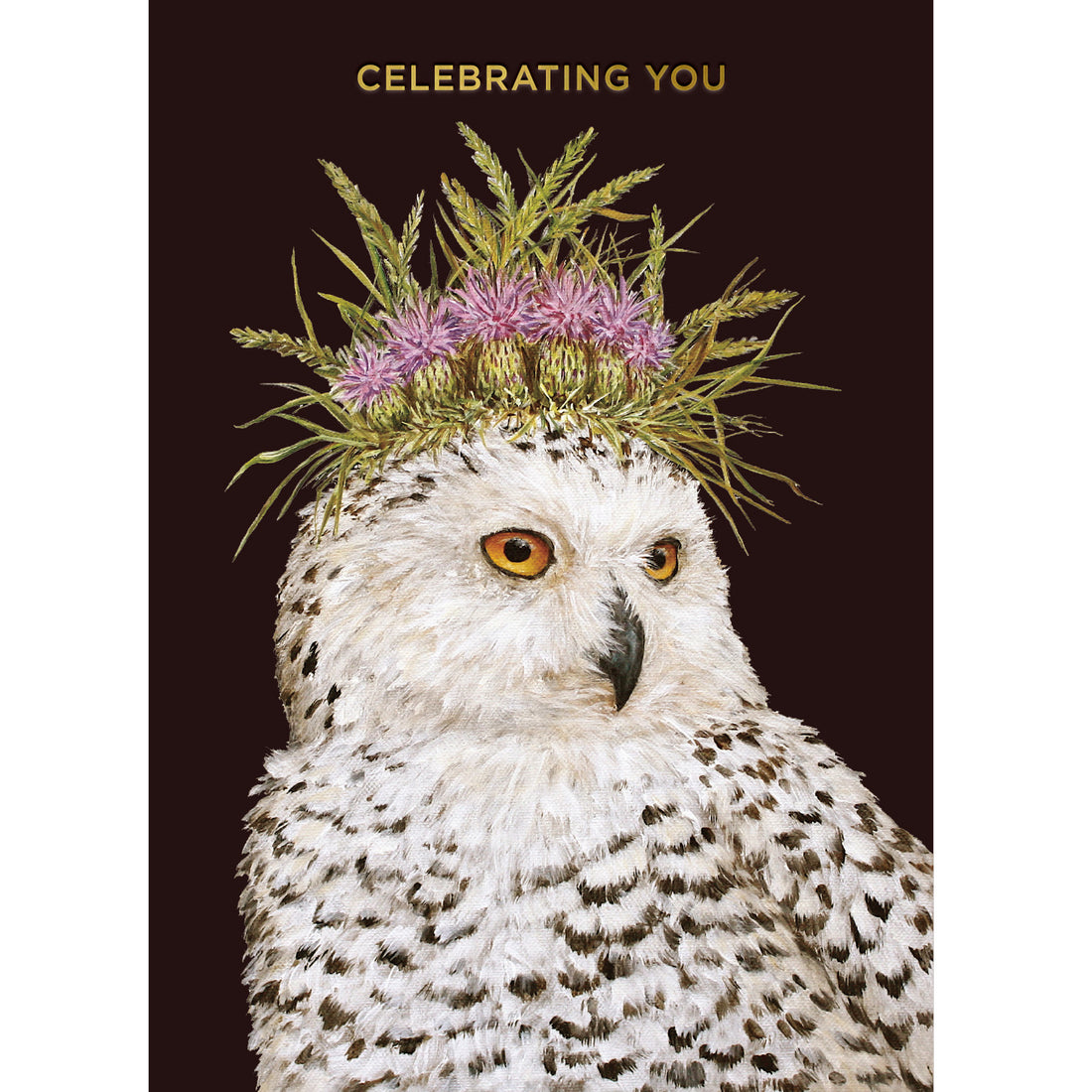 An illustration of a white owl adorned with a flower crown, below the words "CELEBRATING YOU", against a black background.