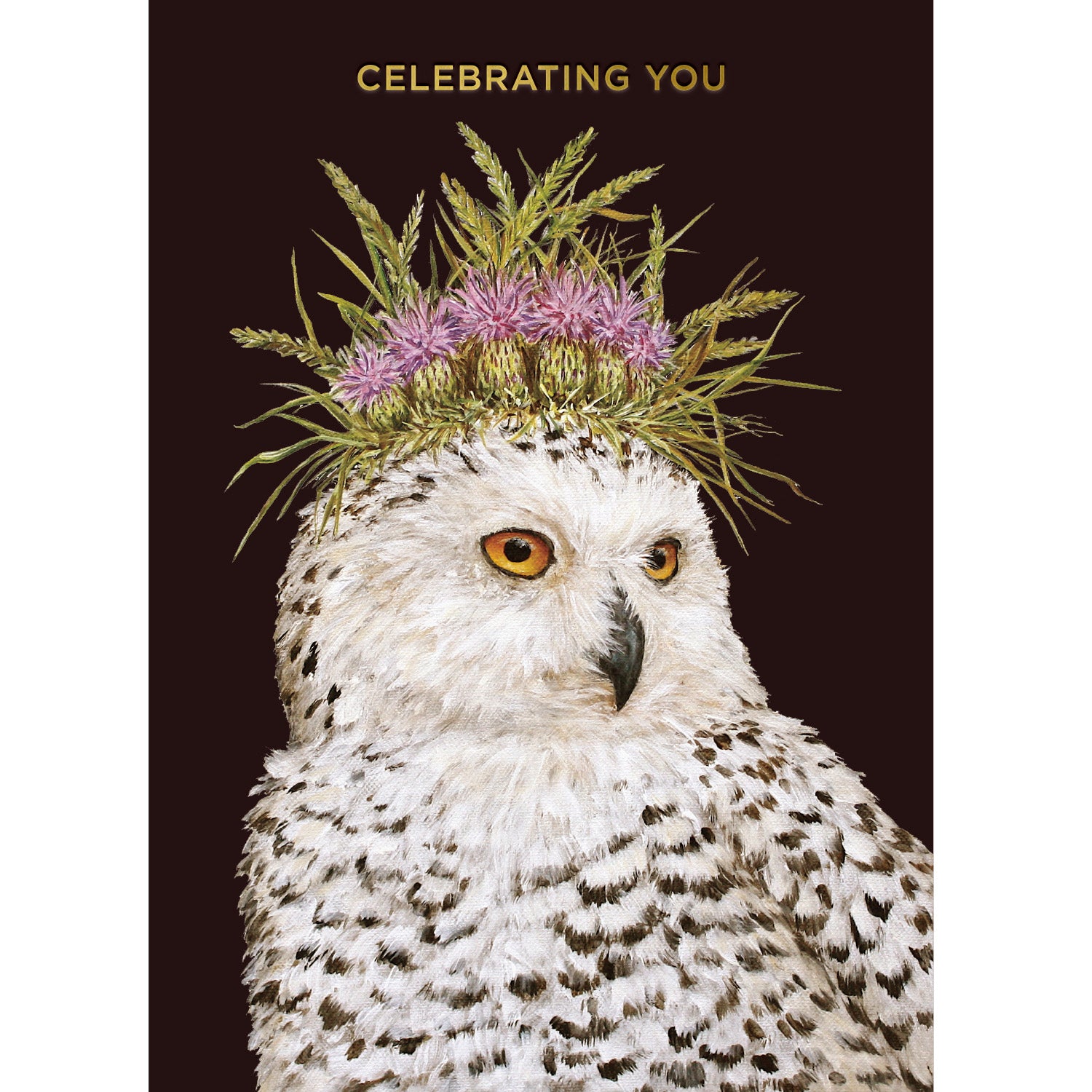 An illustration of a white owl adorned with a flower crown, below the words "CELEBRATING YOU", against a black background.