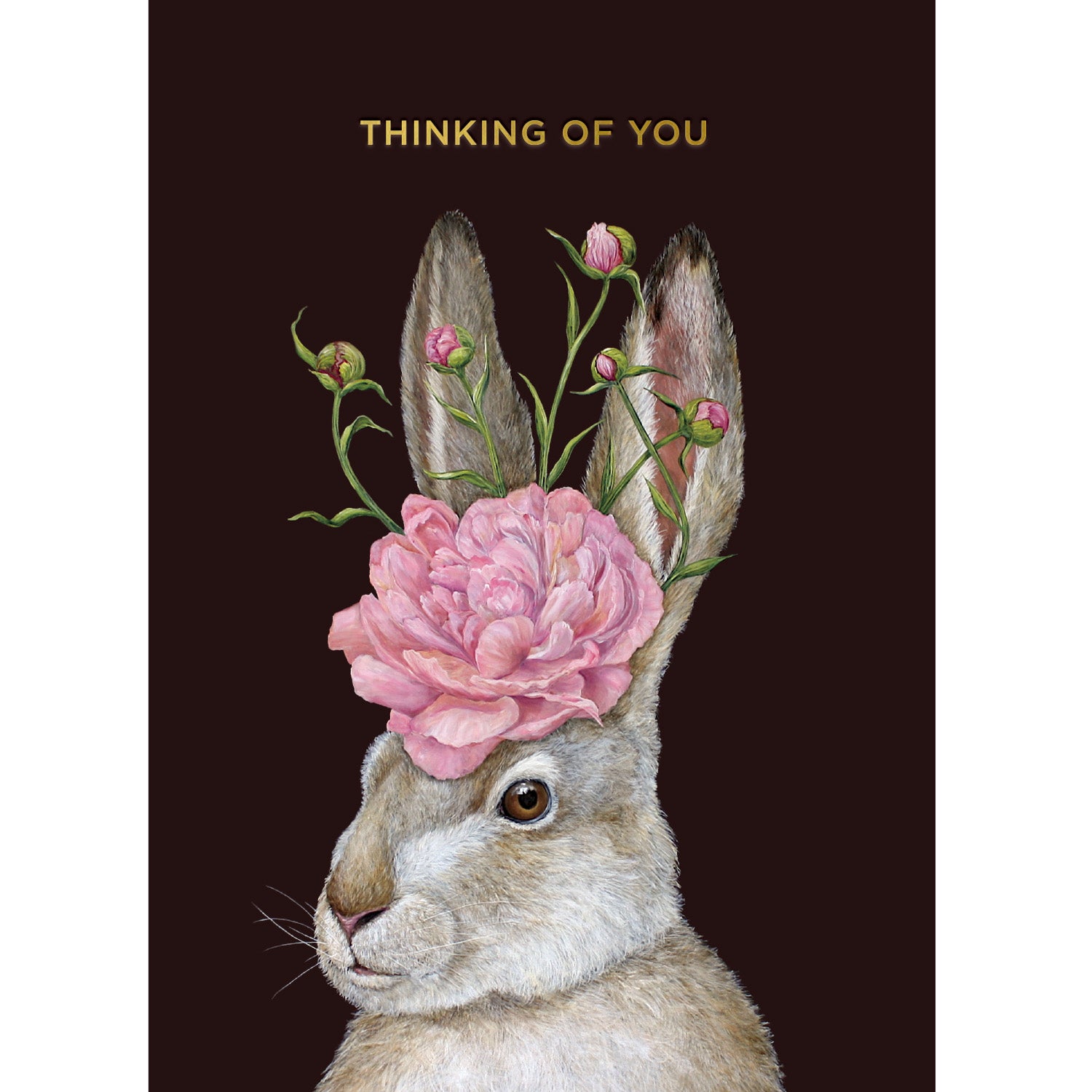 An illustration of a hare adorned with a peony flower and buds below the words "THINKING OF YOU", against a black background.