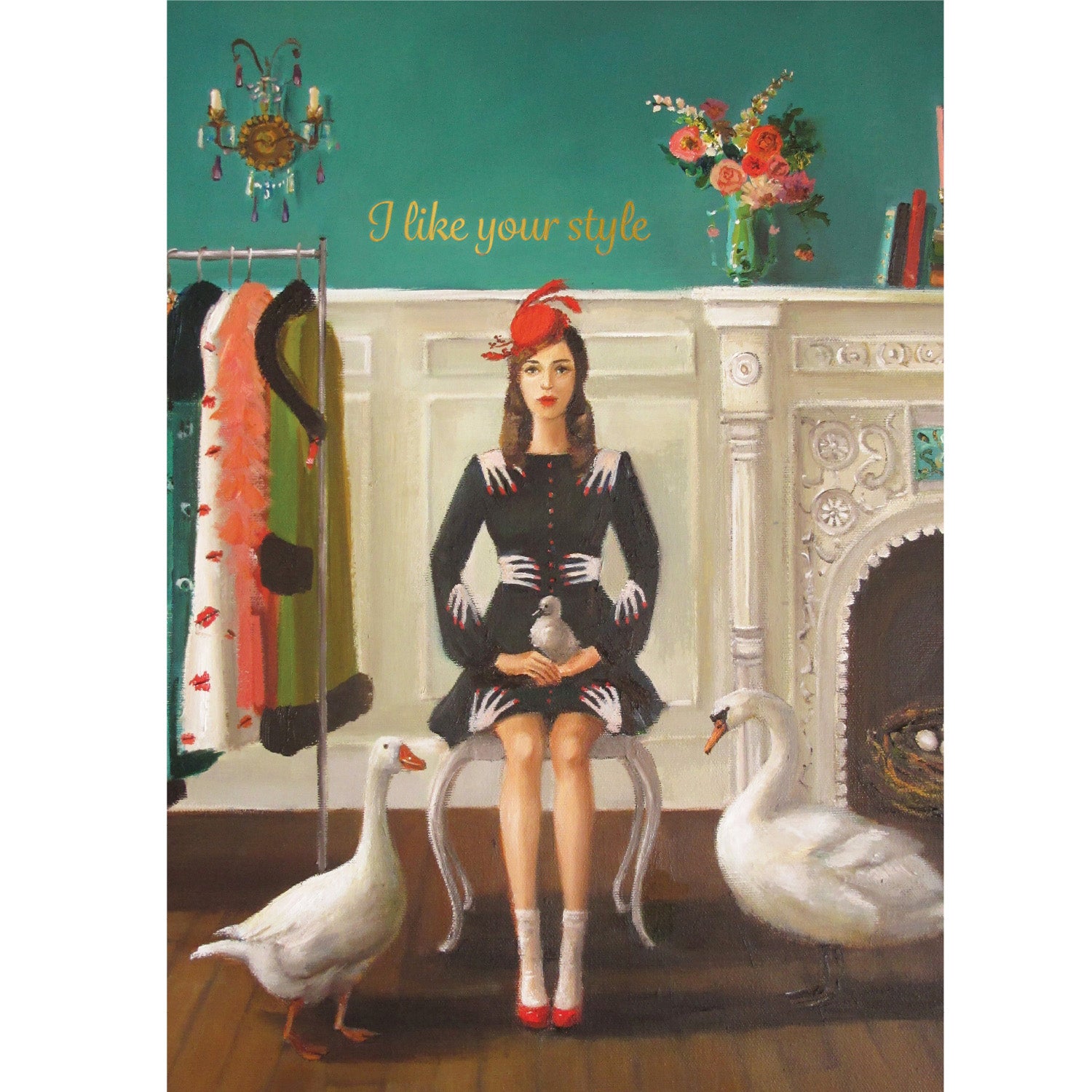 Swan and Duck Card featuring artwork by Janet Hill with &quot;I like your style&quot; in gold text on it.