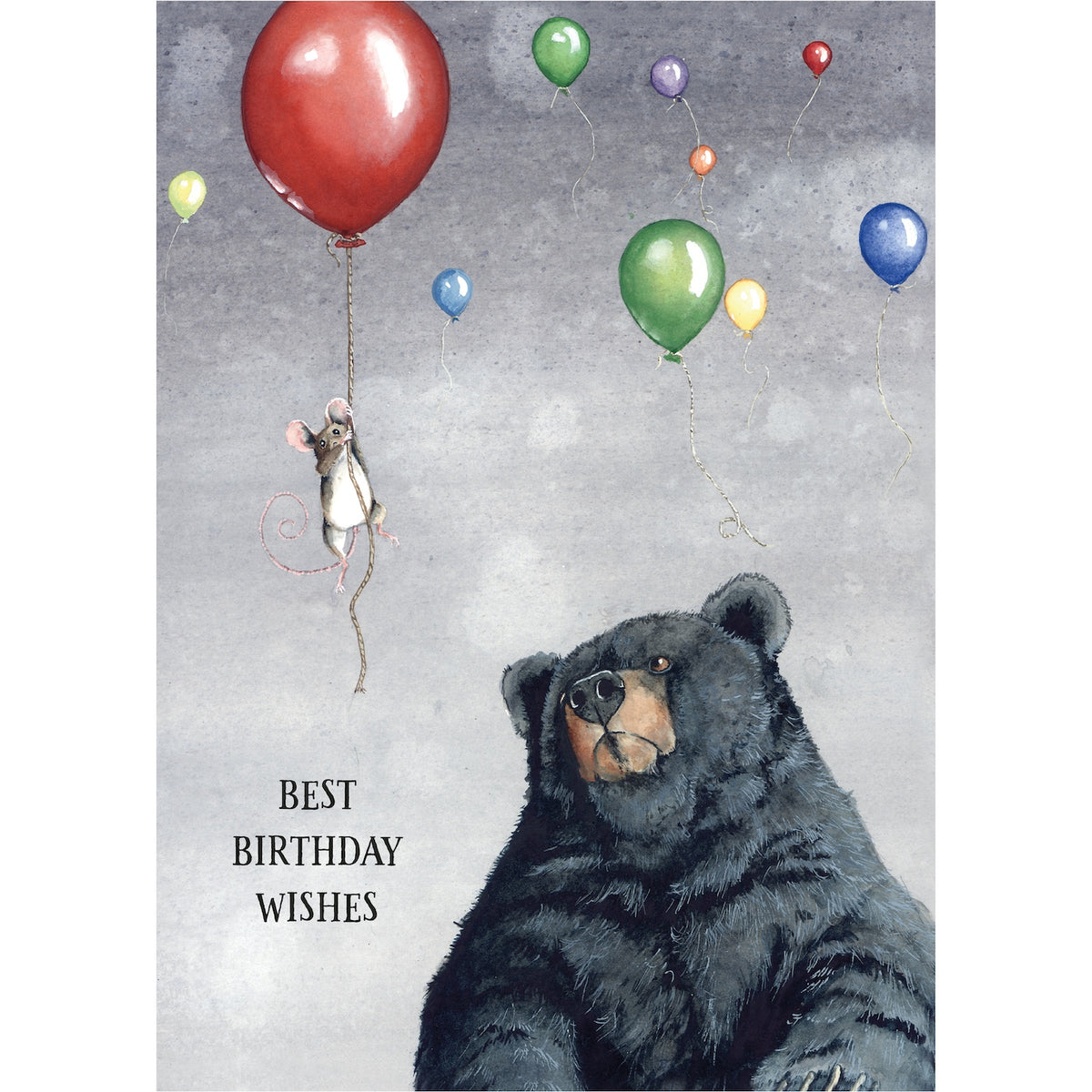 An illustration of a sky filled with balloons featuring a  mouse hanging onto one with a black bear below, and the text: "BEST BIRTHDAY WISHES".