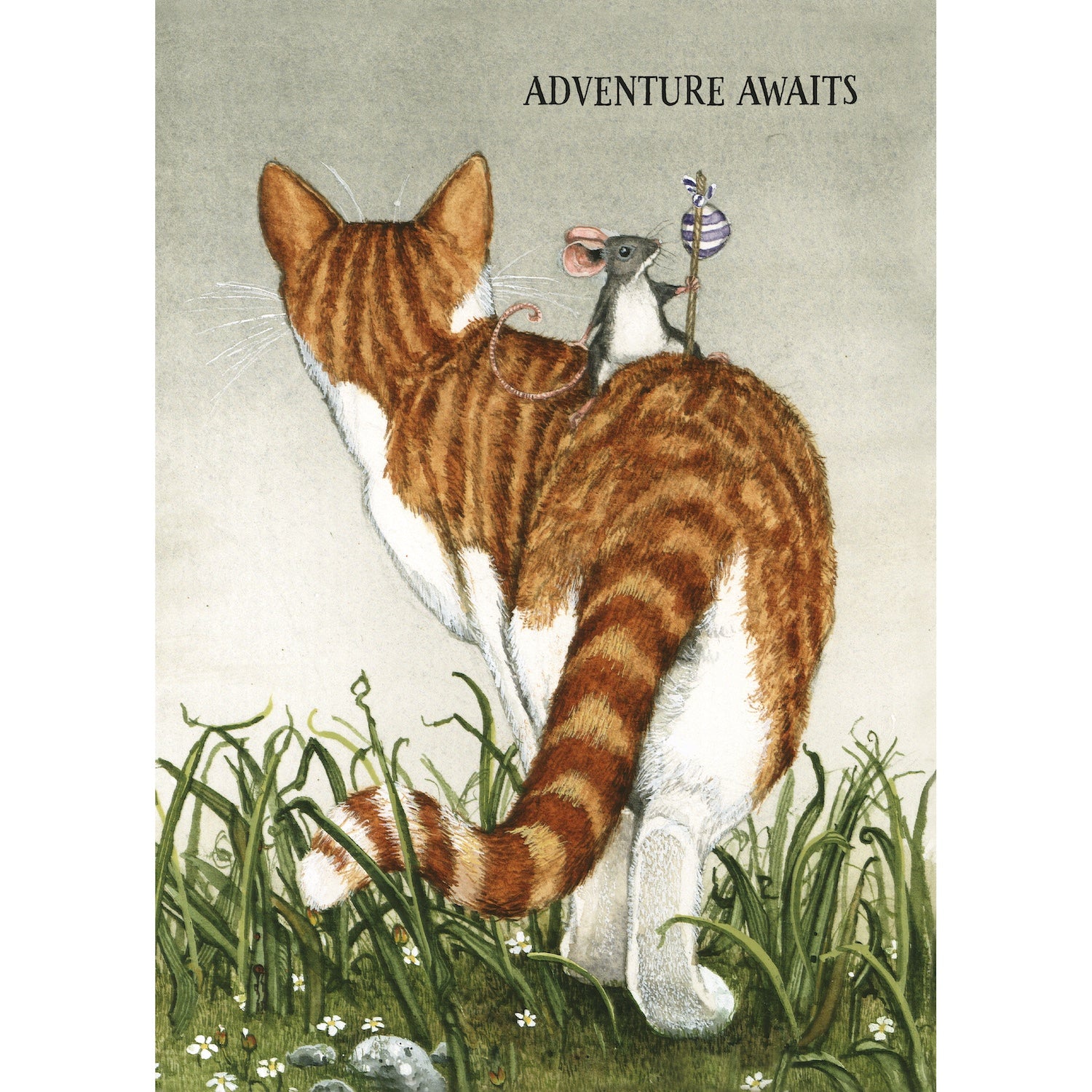 An illustration of a cat walking away in the grass, with a mouse holding a bindle atop, and the text: "ADVENTURE AWAITS".
