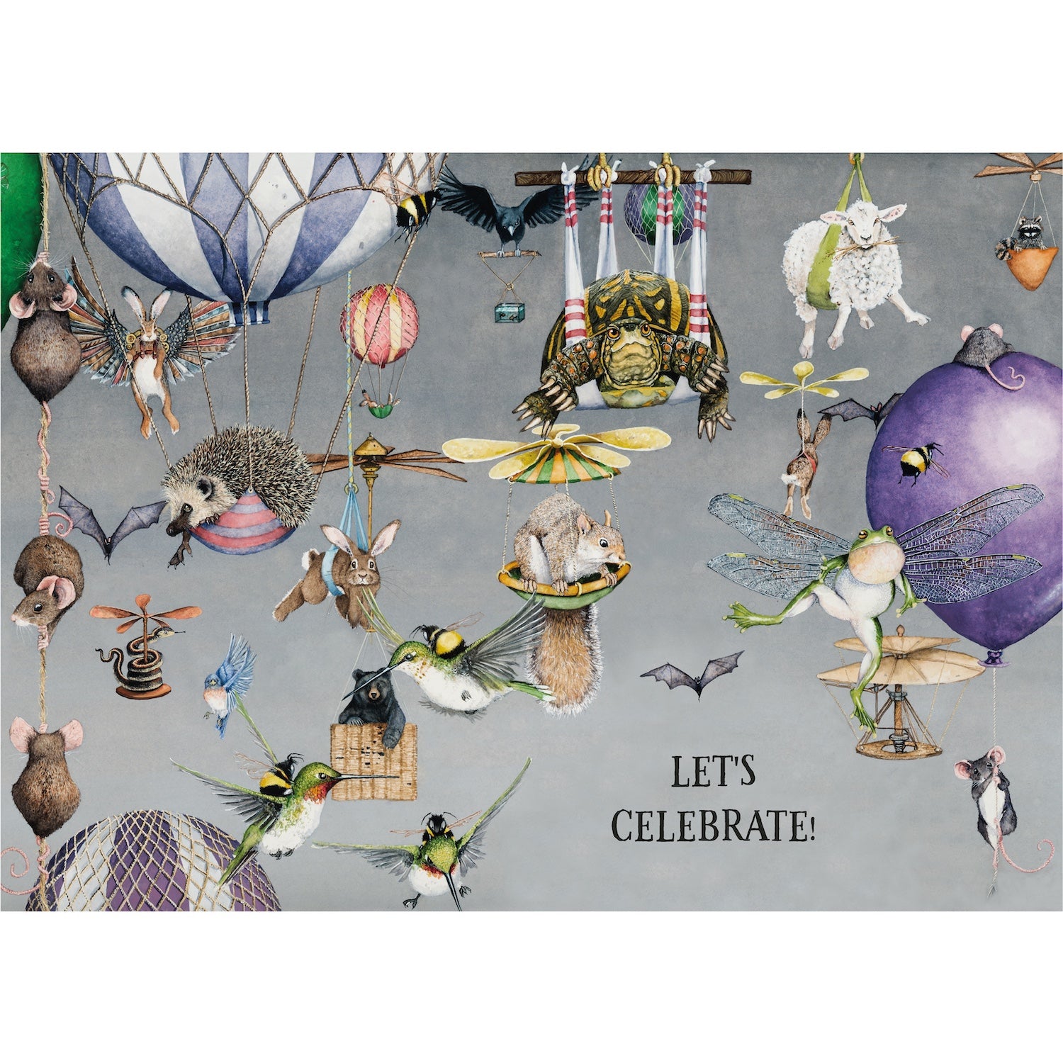 An illustration of various animals riding in hot hair balloons and holding on to balloons strings. Text reads "LET&