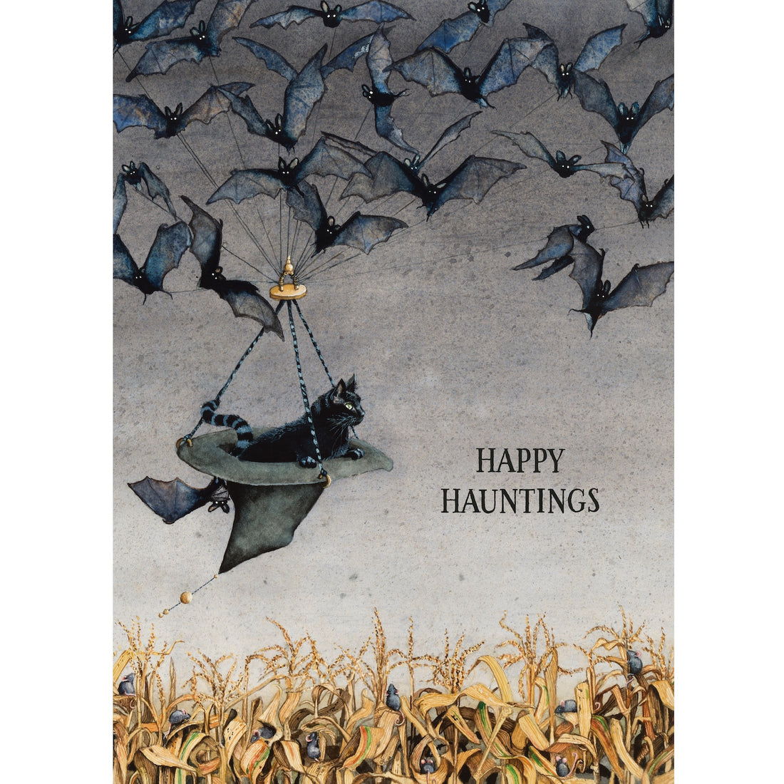 An illustration of a cat riding above a corn field in a witches hat, pulled by flying bats and the text: "HAPPY HAUNTINGS".