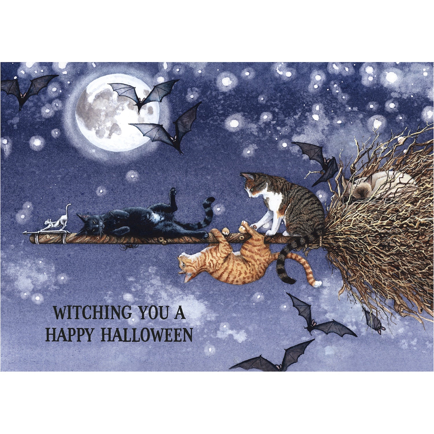 An illustration of four cats sitting on a broomstick, soaring through a starry night sky with bats and a full moon. Text reads: "WITCHING YOU A HAPPY HALLOWEEN."