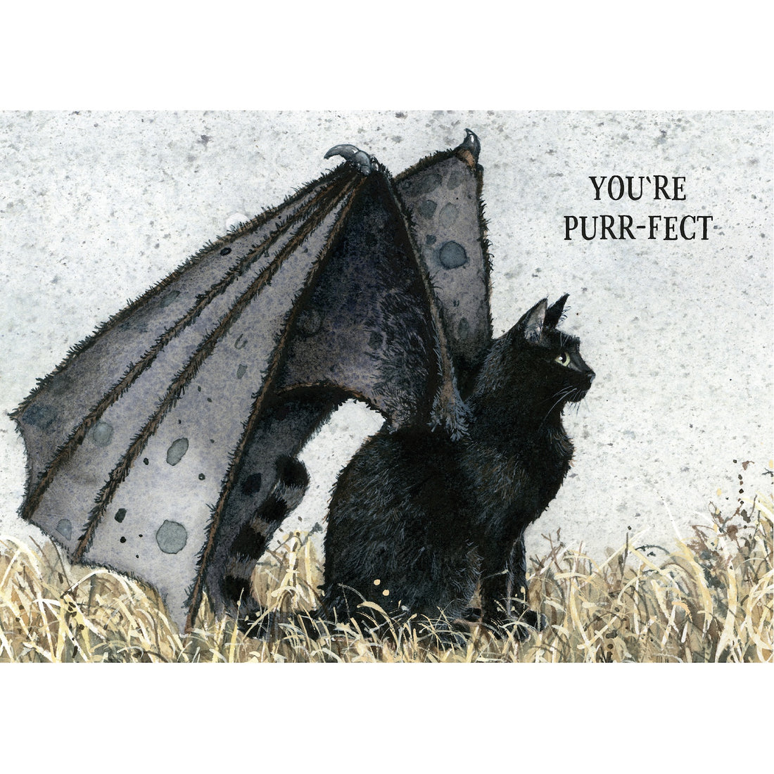 An illustration of a black cat with oversized bat wings, sitting in the weeds and text that reads "YOU&