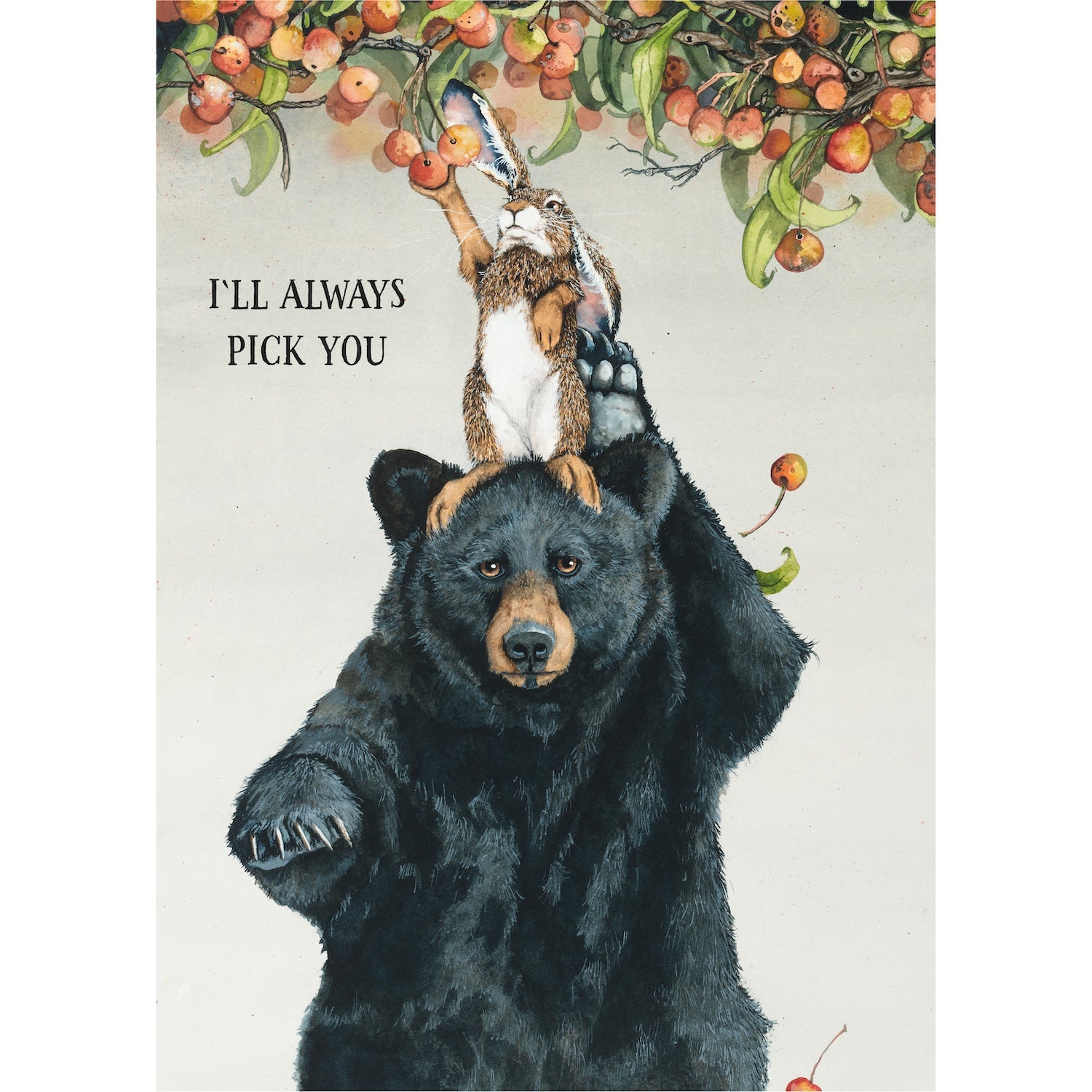 An illustration of a bear holding a rabbit on its head while it picks cherry apples. Text reads "I&