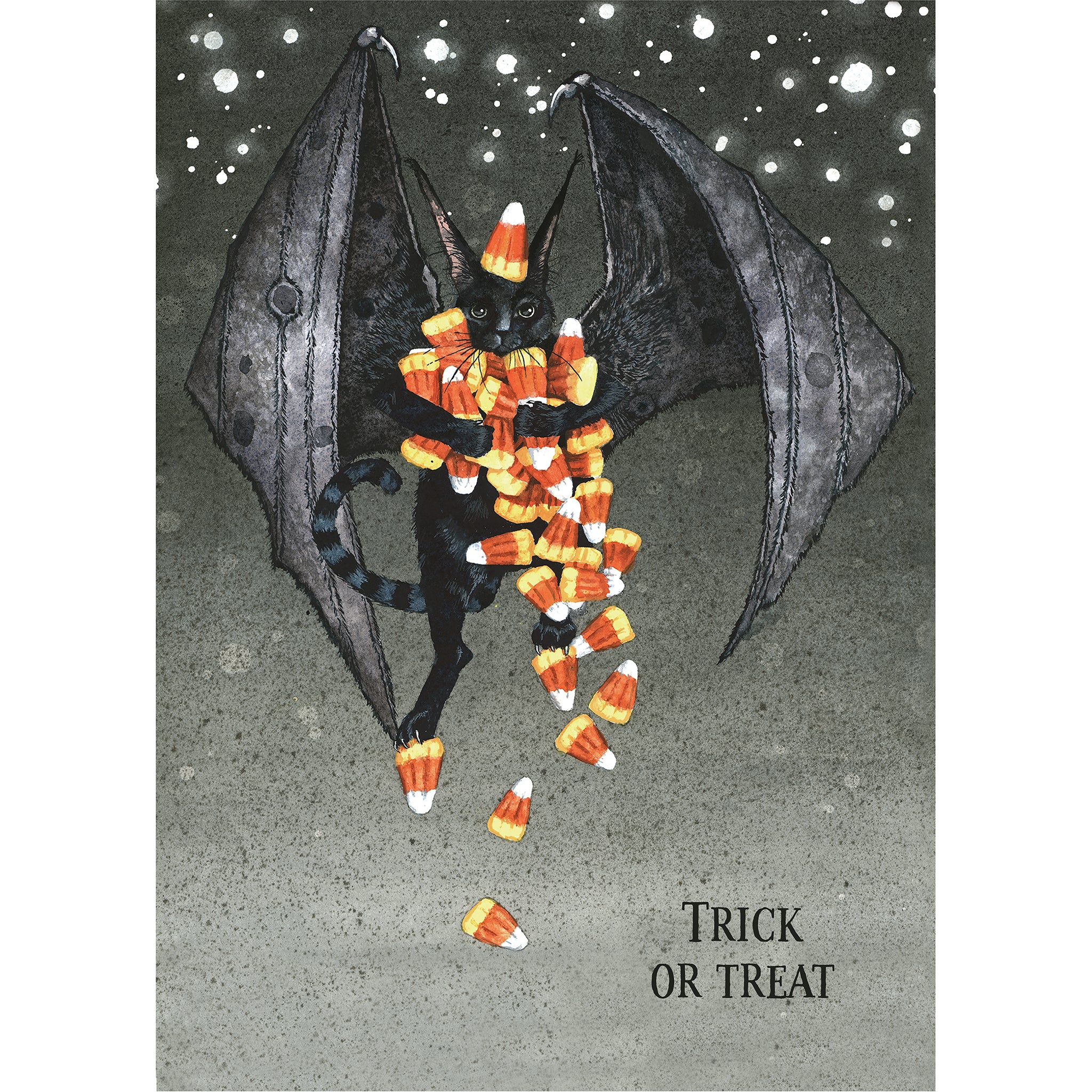 An illustration of a black cat with bat wings holding candy corn pieces and text that reads: &quot;TRICK OF TREAT&quot;.
