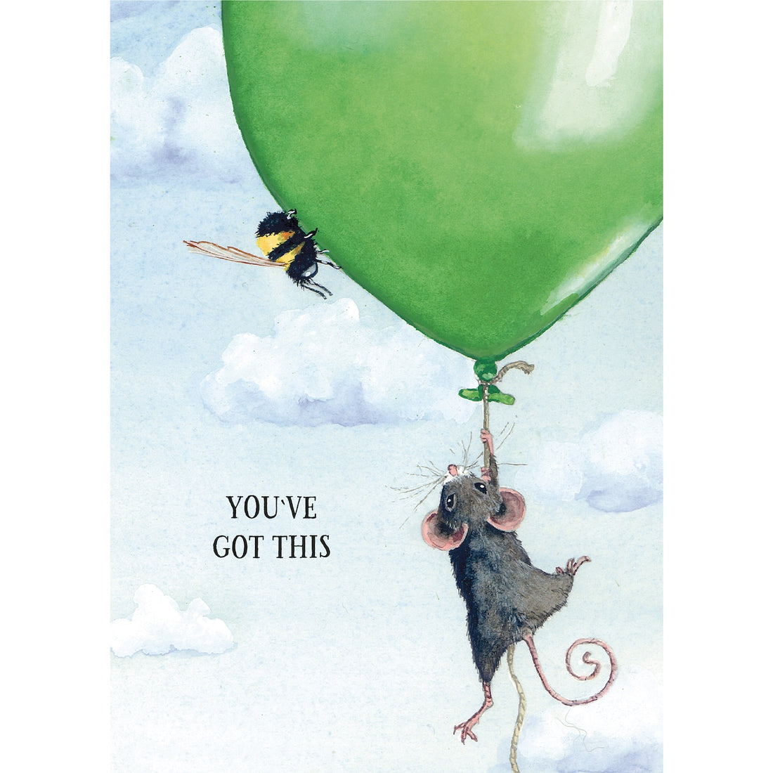 Illustration of a mouse with a green balloon and a bee, with &