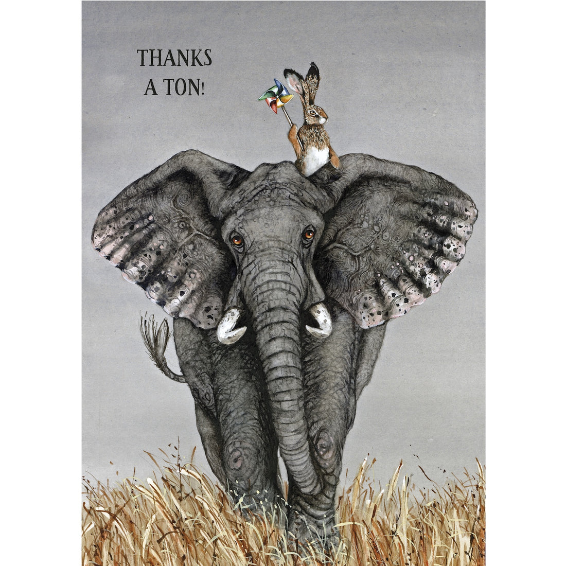 Illustration of an elephant with a rabbit holding a pinwheel on its head and the text "Thanks a ton!".