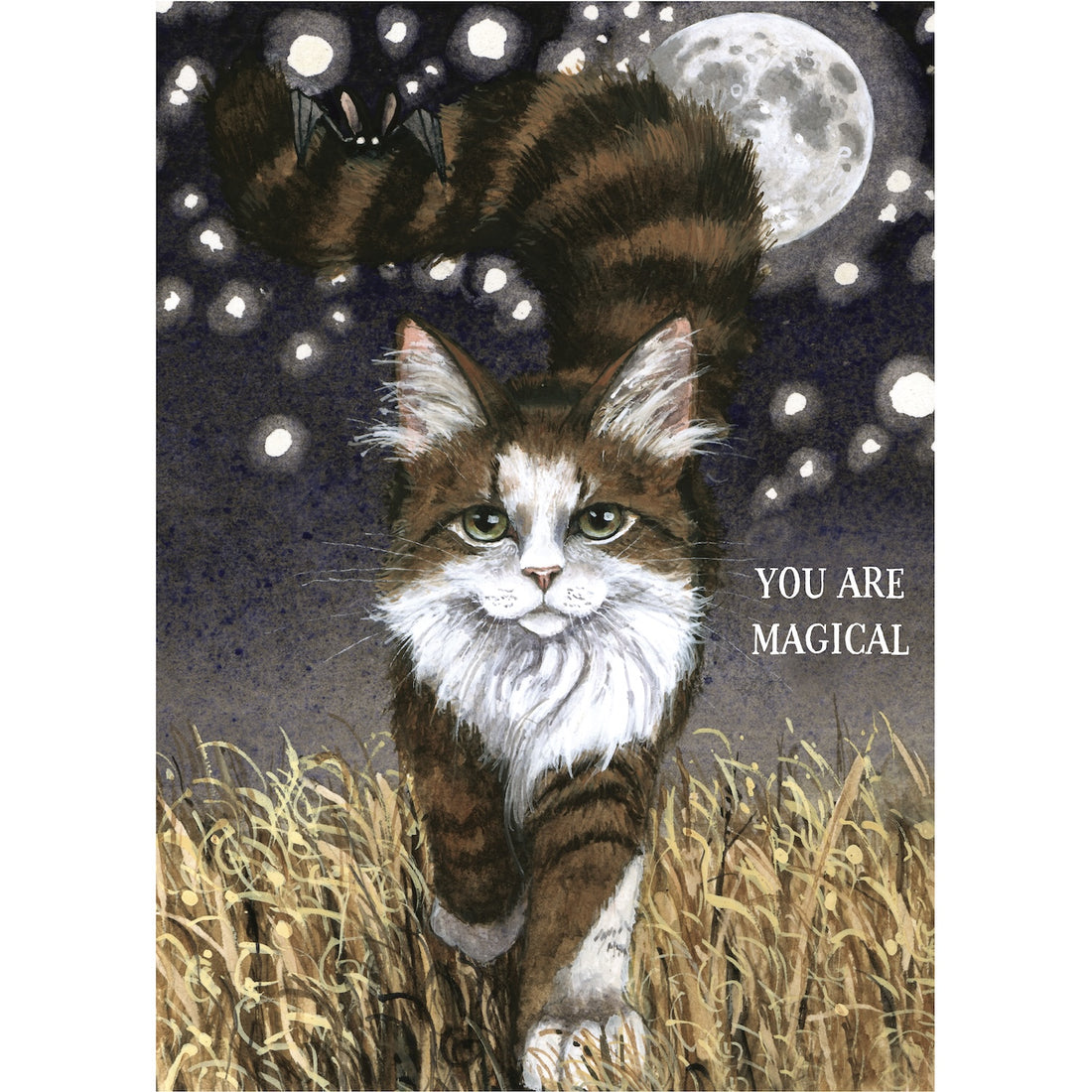 Cat in a field with a moon and stars, and text &