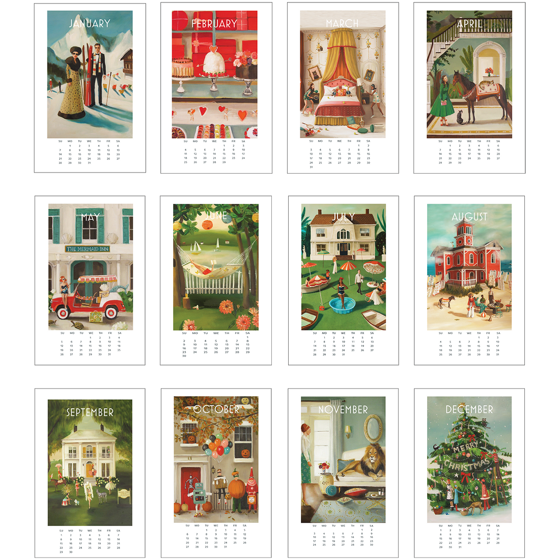 A set of art prints featuring pictures of houses, created by Janet Hill for the Hester &amp; Cook Whimsical Worlds Calendar.