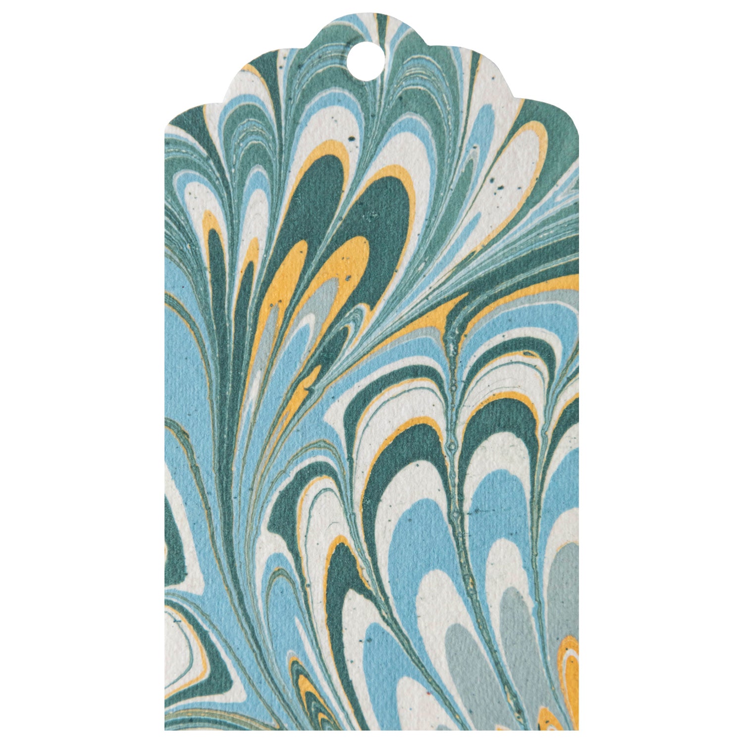 A unique blue and yellow Peacock Marbled Gift Tag made from handmade papers by Hester &amp; Cook.