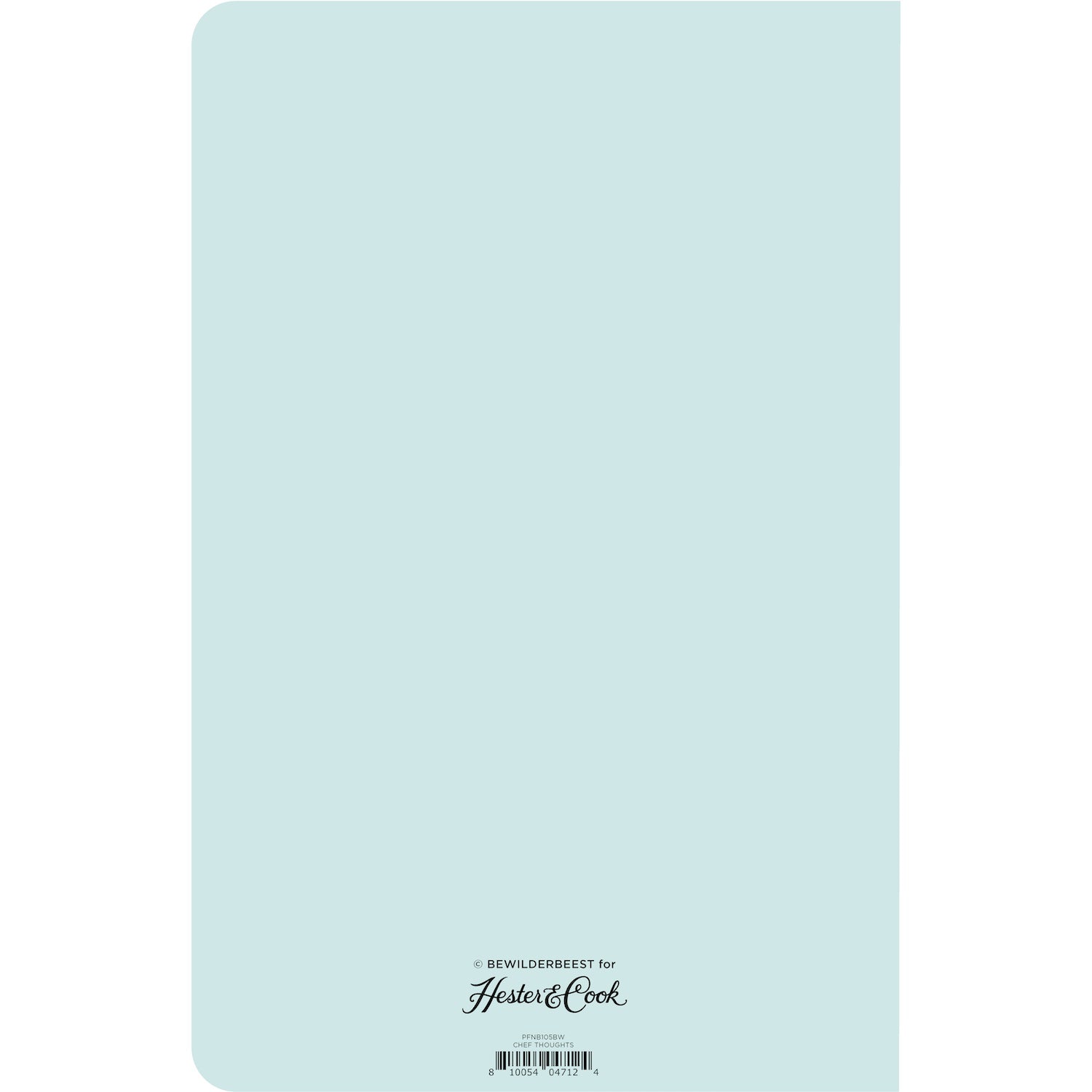 The back cover of the Chef Thoughts Notebook is solid seafoam blue with the Hester &amp; Cook logo at the bottom.