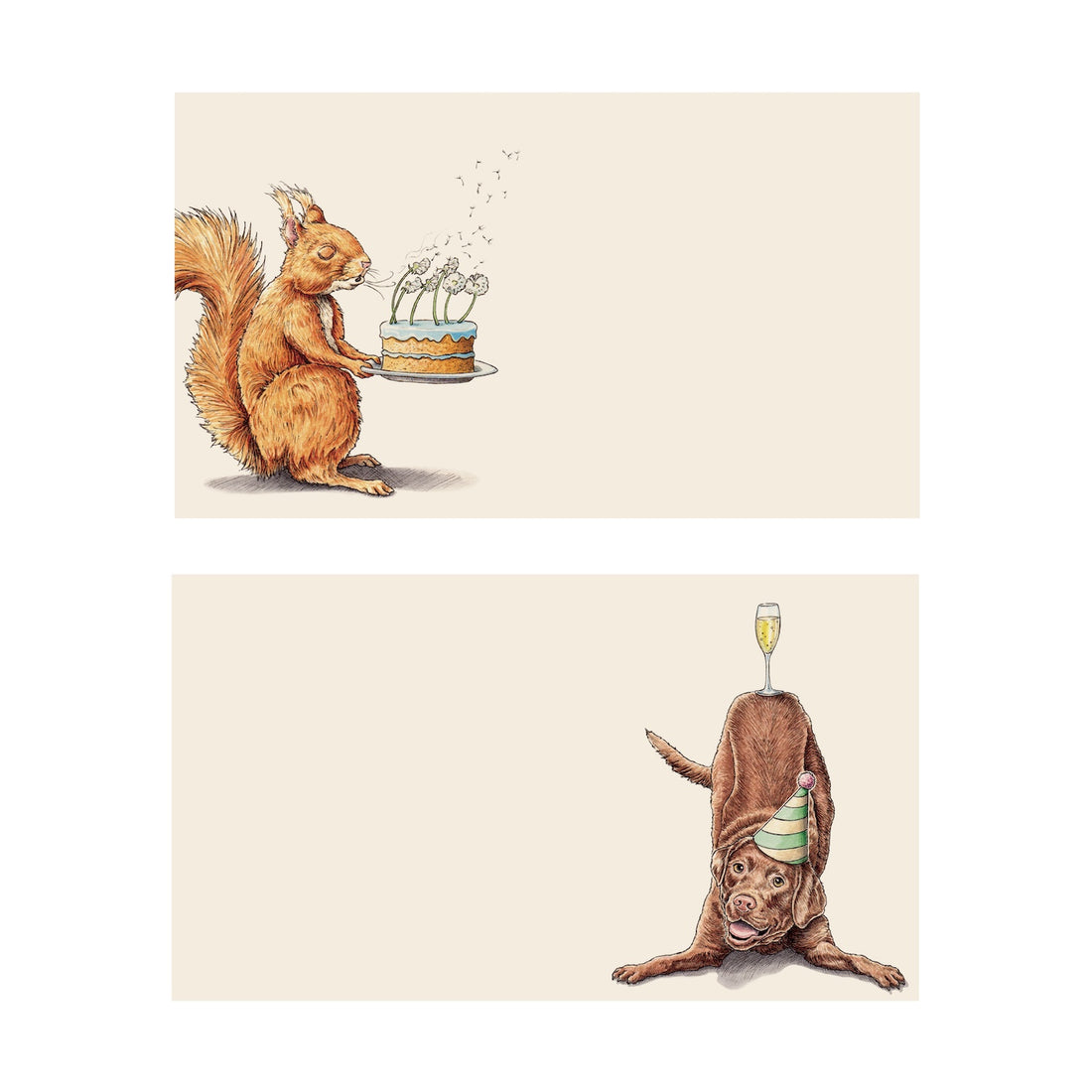 Two illustrated greeting cards on a white background. The top card shows a brown squirrel holding a birthday cake with lit candles. The bottom card shows a brown dog with a party hat on and a glass of champagne balanced on his bottom. 