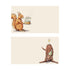 Two illustrated greeting cards on a white background. The top card shows a brown squirrel holding a birthday cake with lit candles. The bottom card shows a brown dog with a party hat on and a glass of champagne balanced on his bottom. 
