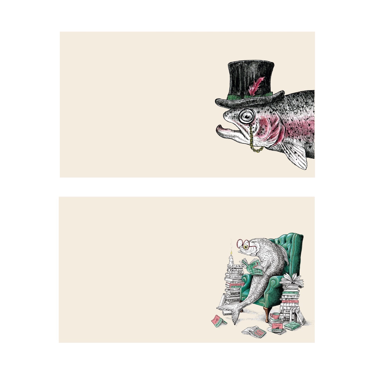 Stationery with illustrations of fish on them. The top one has a fish with a top hat and a monocle and the bottom has a fish in a reading chair with piles of books next to it. 