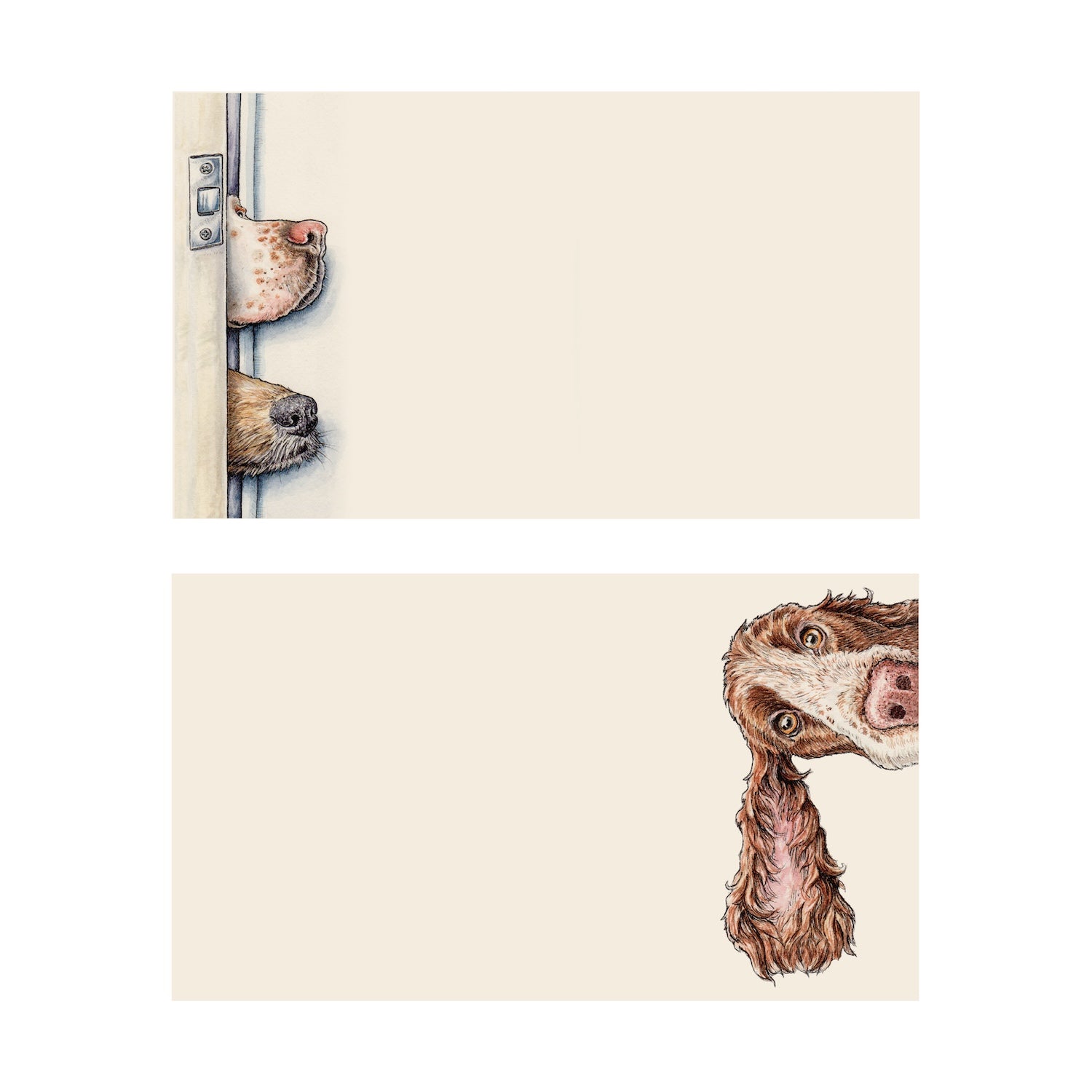 A set of two rectangular cards with a warm cream background, featuring whimsical dog illustrations peeking from the left side. The top card shows two dogs at a gate, and the bottom card shows one dog looking around a corner.