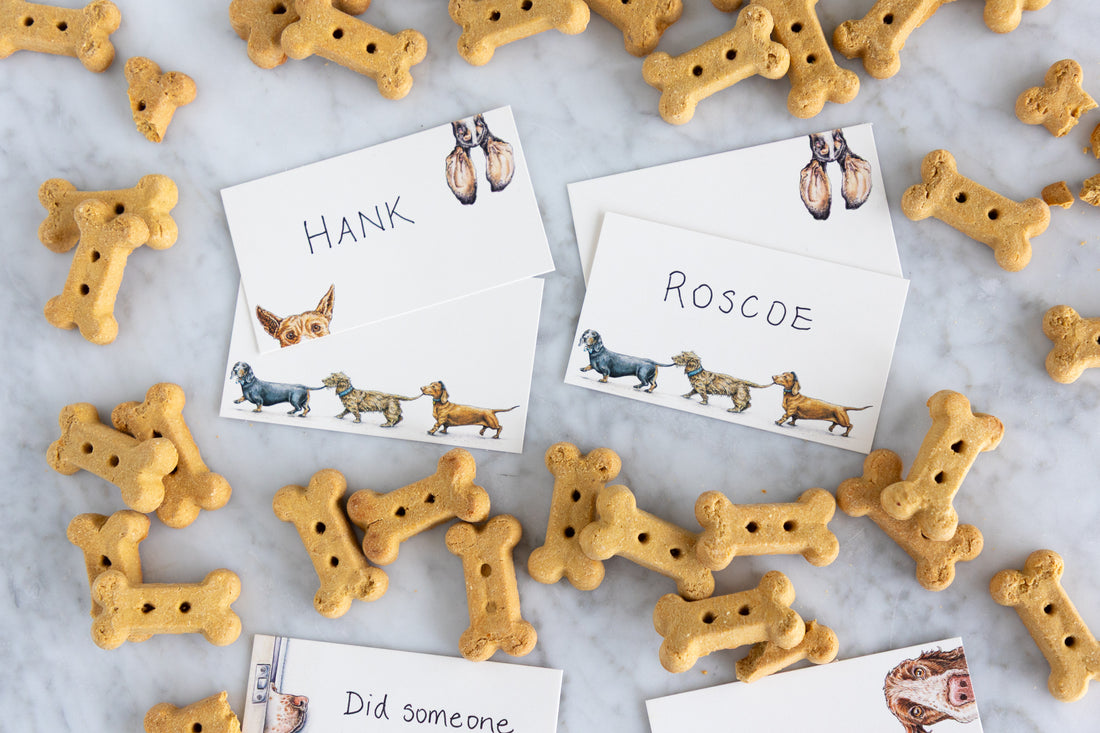 A styled flat-lay of bone-shaped dog treats scattered on a light marble surface, with two printed name cards reading HANK and ROSCOE and small dog illustrations.