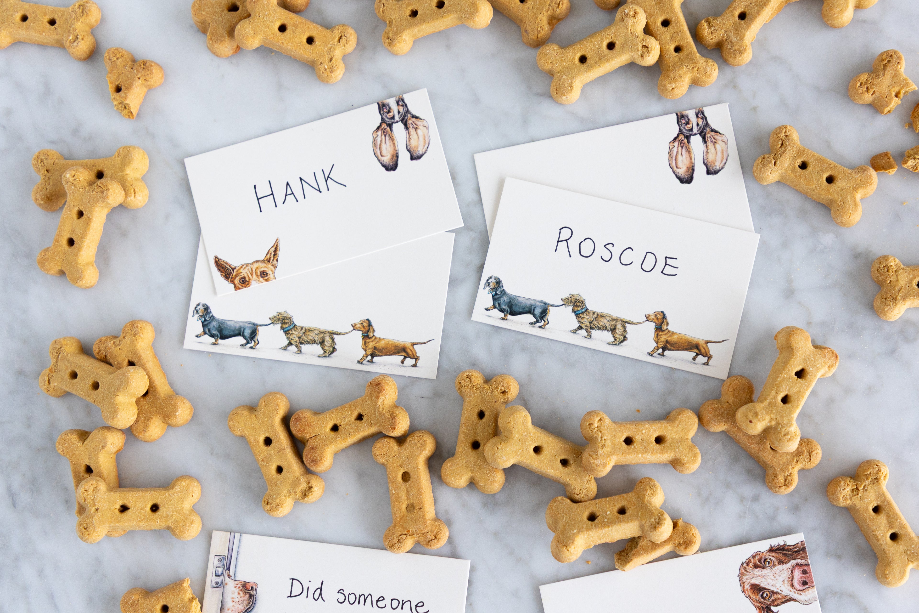 A styled flat-lay of bone-shaped dog treats scattered on a light marble surface, with two printed name cards reading HANK and ROSCOE and small dog illustrations.