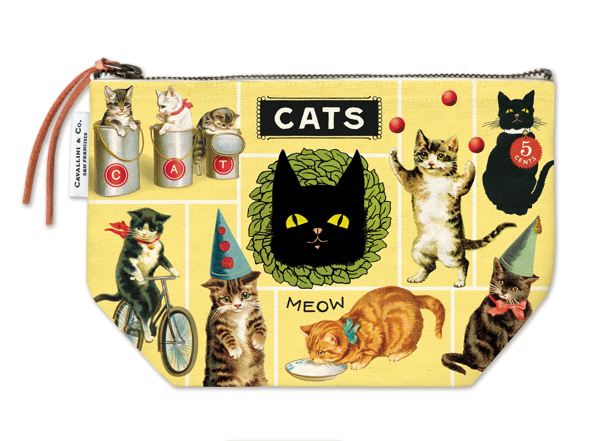 Pouch with vintage cat illustrations on a yellow background.