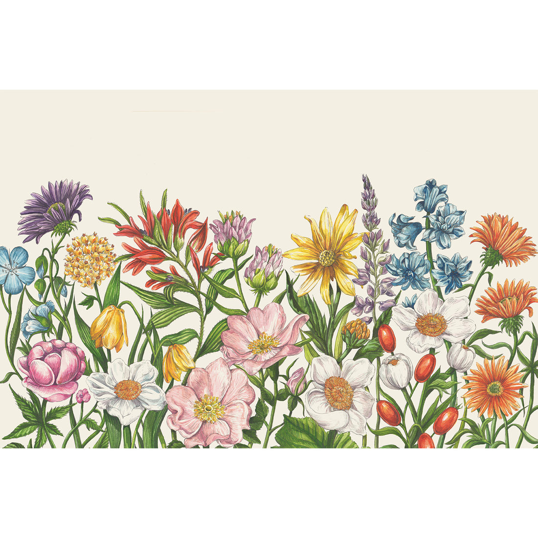 A repeating border pattern of colorful wildflowers on a cream background, featuring pink, yellow, orange, blue, white, and purple blossoms with green stems.