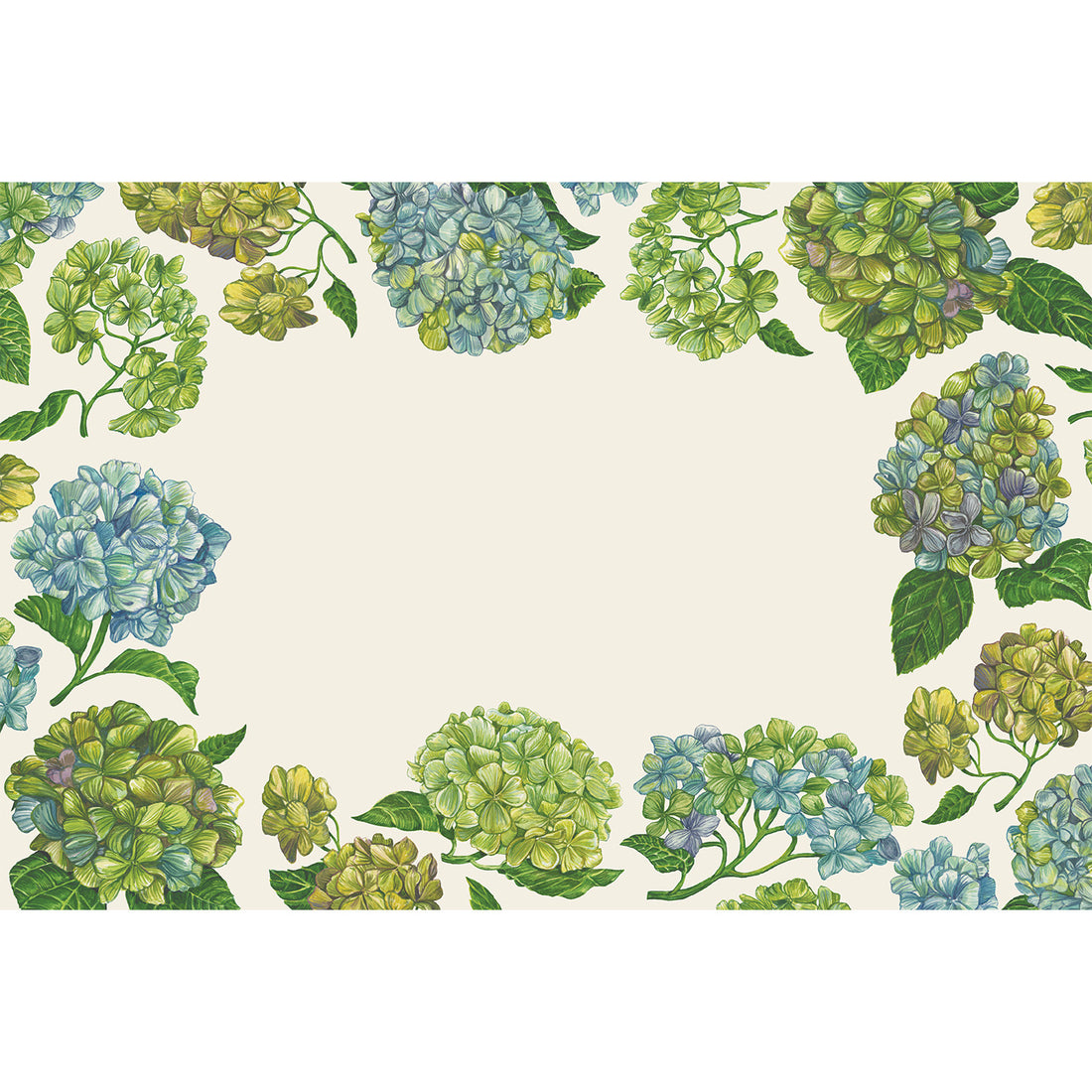 A botanical border pattern featuring watercolor-style hydrangea flowers in green, yellow-green, and soft blue with leaves on a cream background.