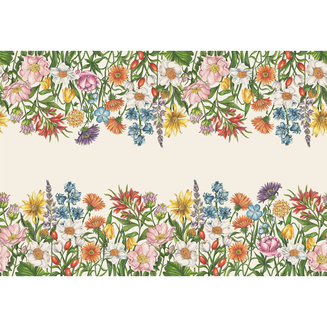 A repeating floral border pattern with multicolored wildflowers and green leaves on a light cream background, shown as a swatch-style design rather than a photographed physical product.