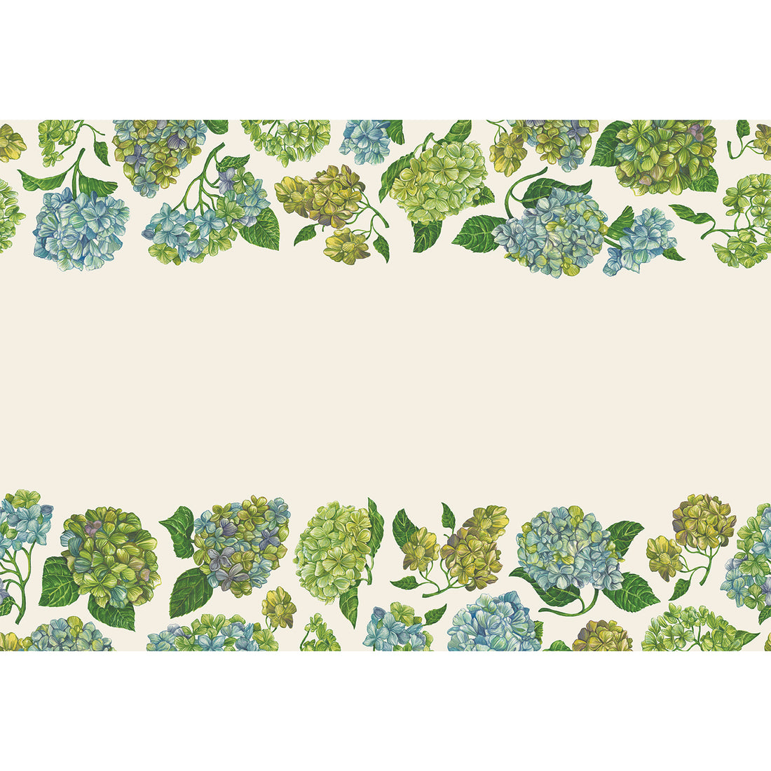A repeating botanical border pattern of hydrangea flowers in soft blue, green, and yellow-green tones on a warm cream background.