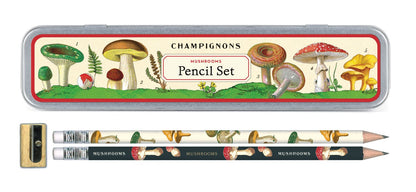 Mushroom Pencil set box with 2 pencils below and a small pencil sharpener 