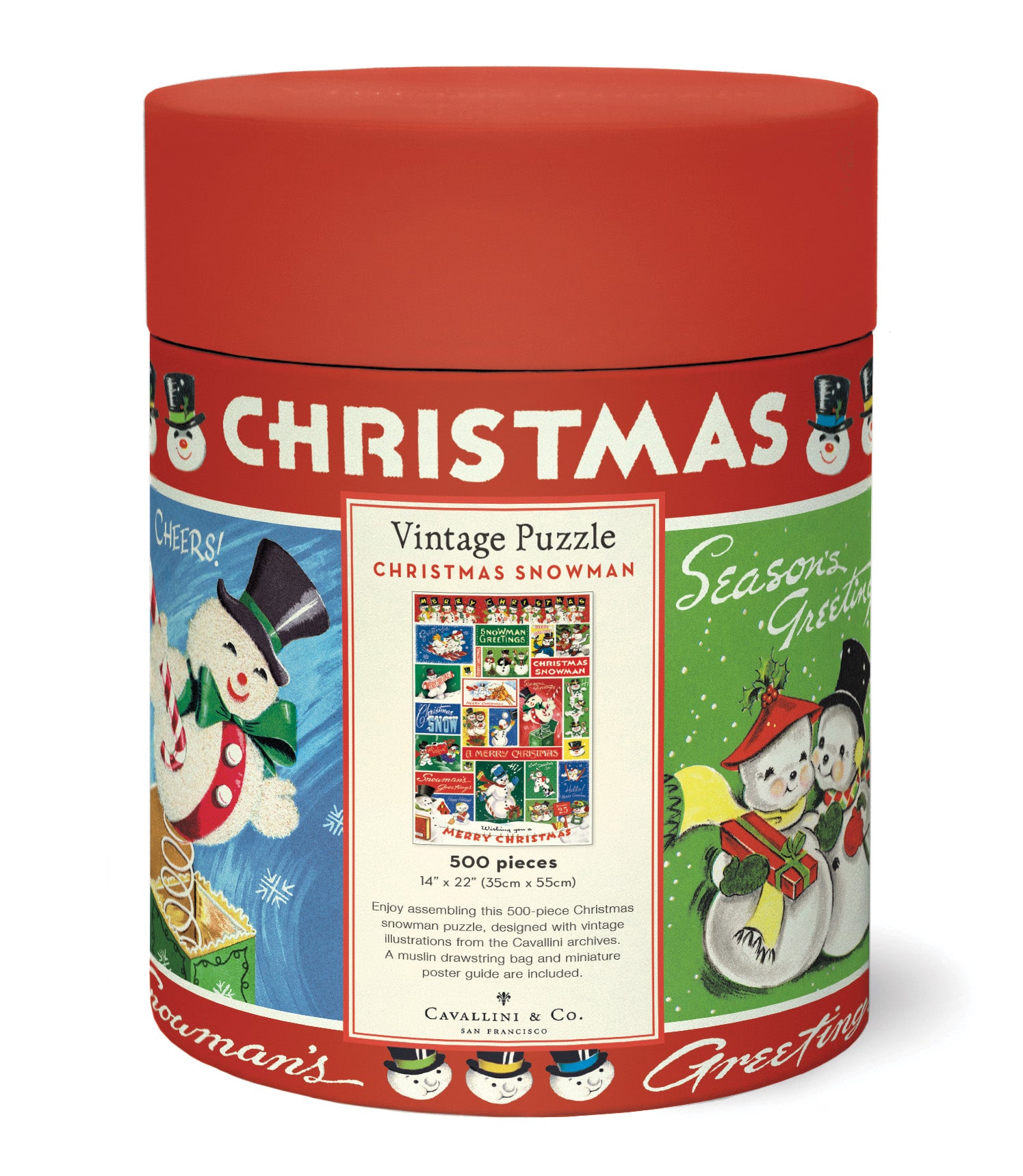 Christmas-themed puzzle packaging with vintage snowman design on a white background.