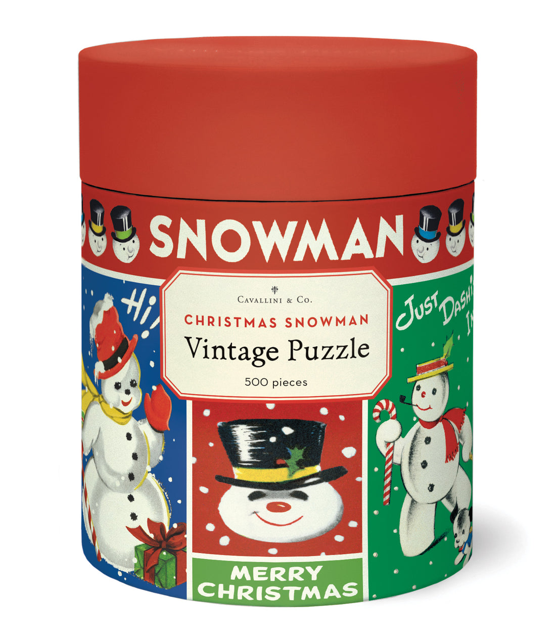 Christmas-themed puzzle canister with vintage snowman design on a white background.
