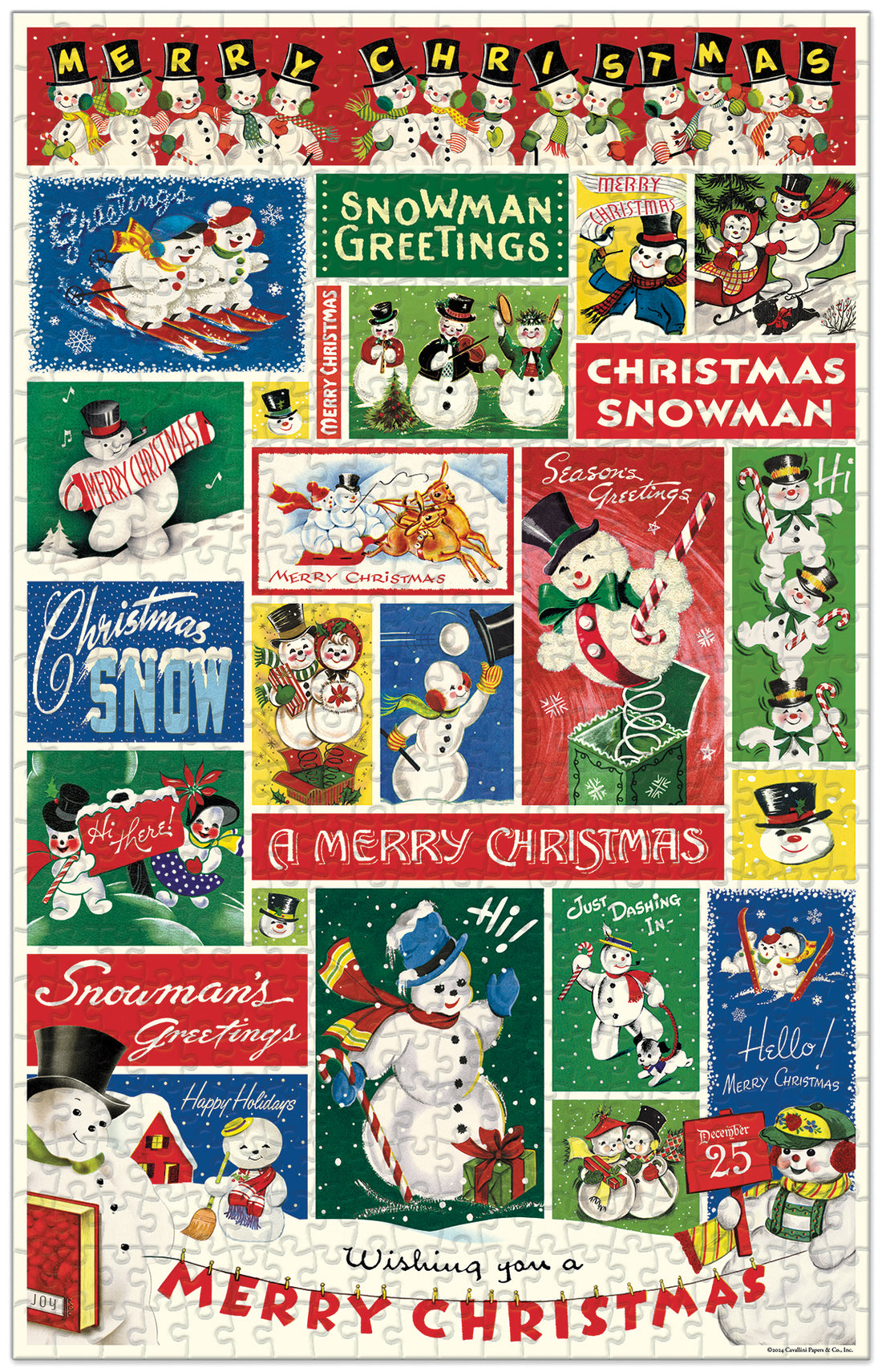 Collage of vintage-style Christmas cards with snowmen and festive text.