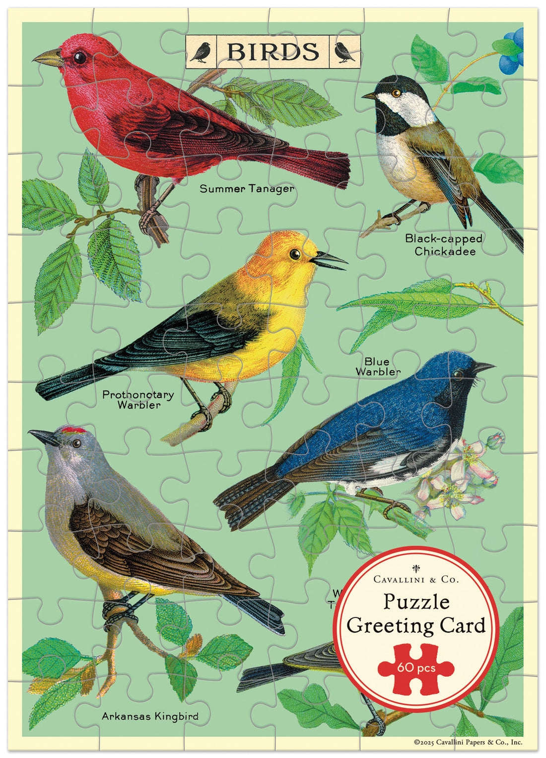 Jigsaw puzzle greeting card with illustrations of birds on a green background.