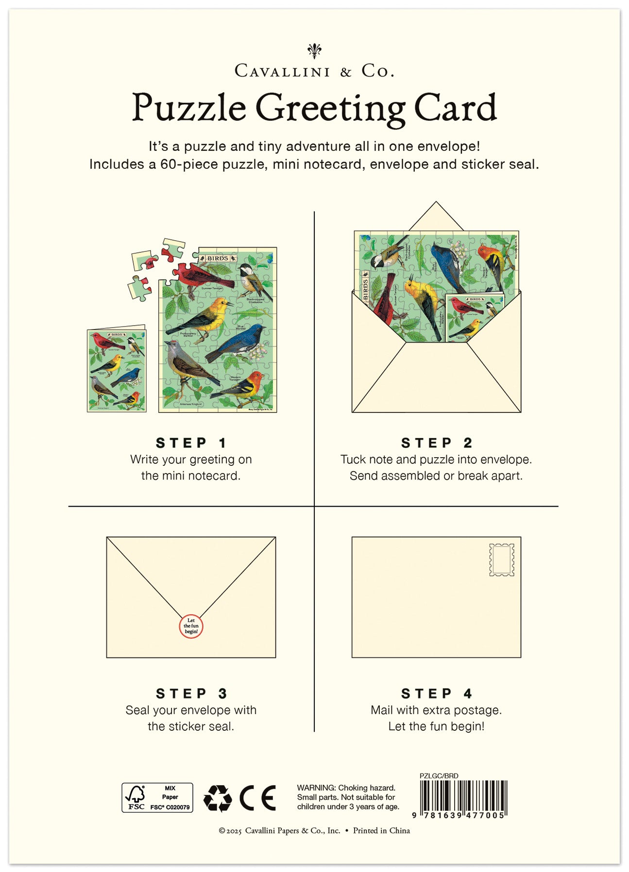 Cavallini &amp; Co. puzzle greeting card packaging with step-by-step instructions.