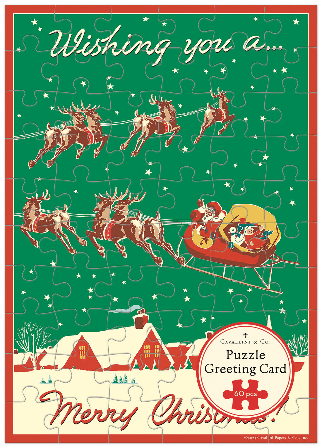 Christmas puzzle greeting card with Santa and reindeer design on a green background.