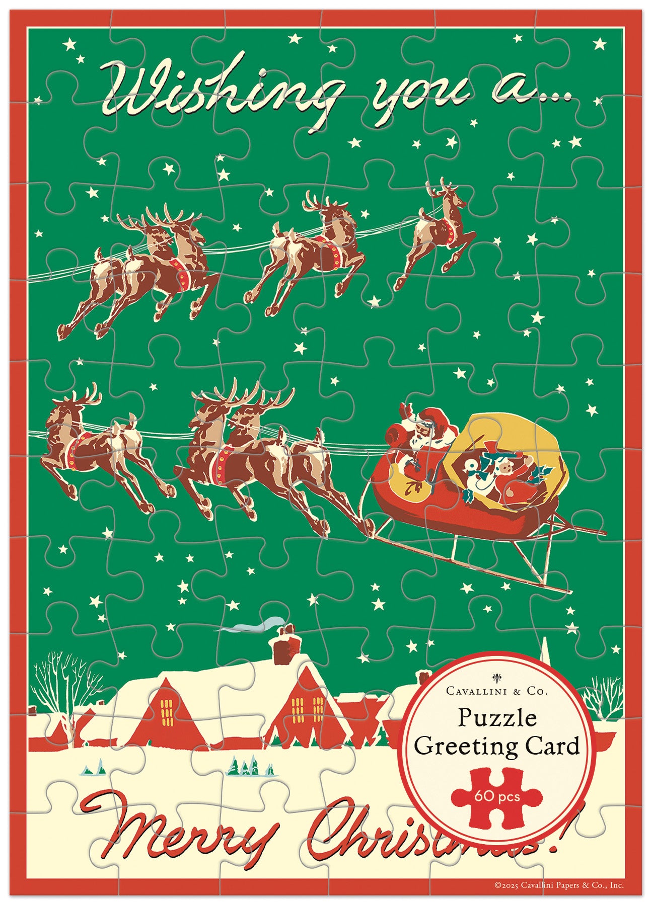 Christmas puzzle greeting card with Santa and reindeer design on a green background.