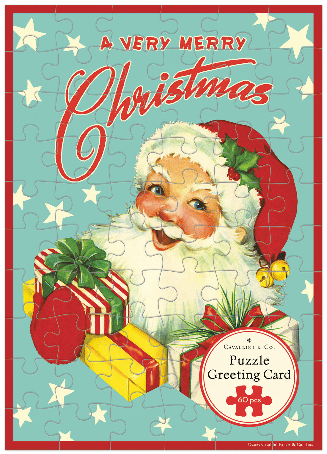 Vintage-style Christmas puzzle with Santa Claus and presents on a blue background.