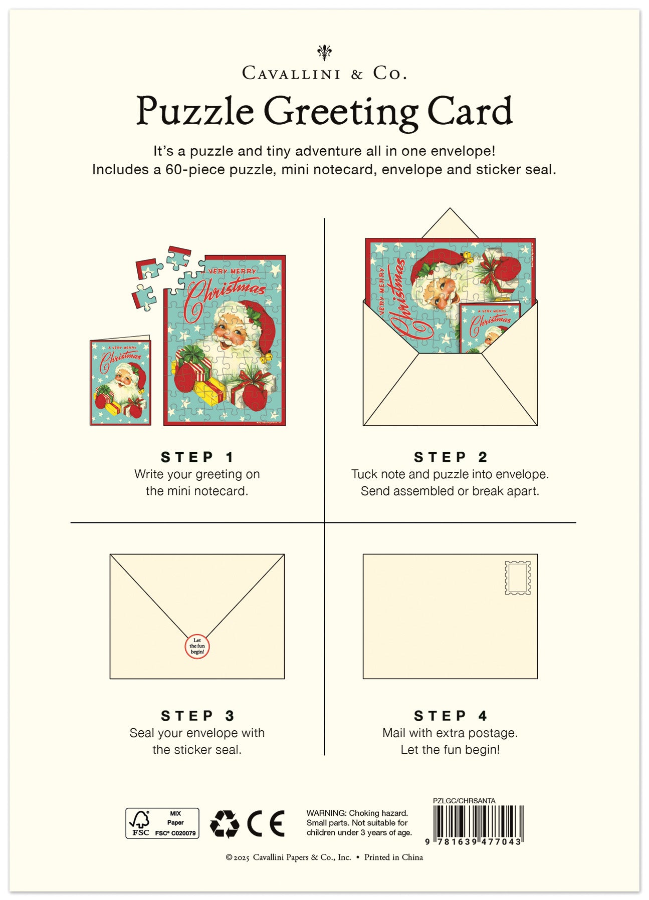 Instructions for using a Cavallini &amp; Co. puzzle greeting card with Santa Claus design.