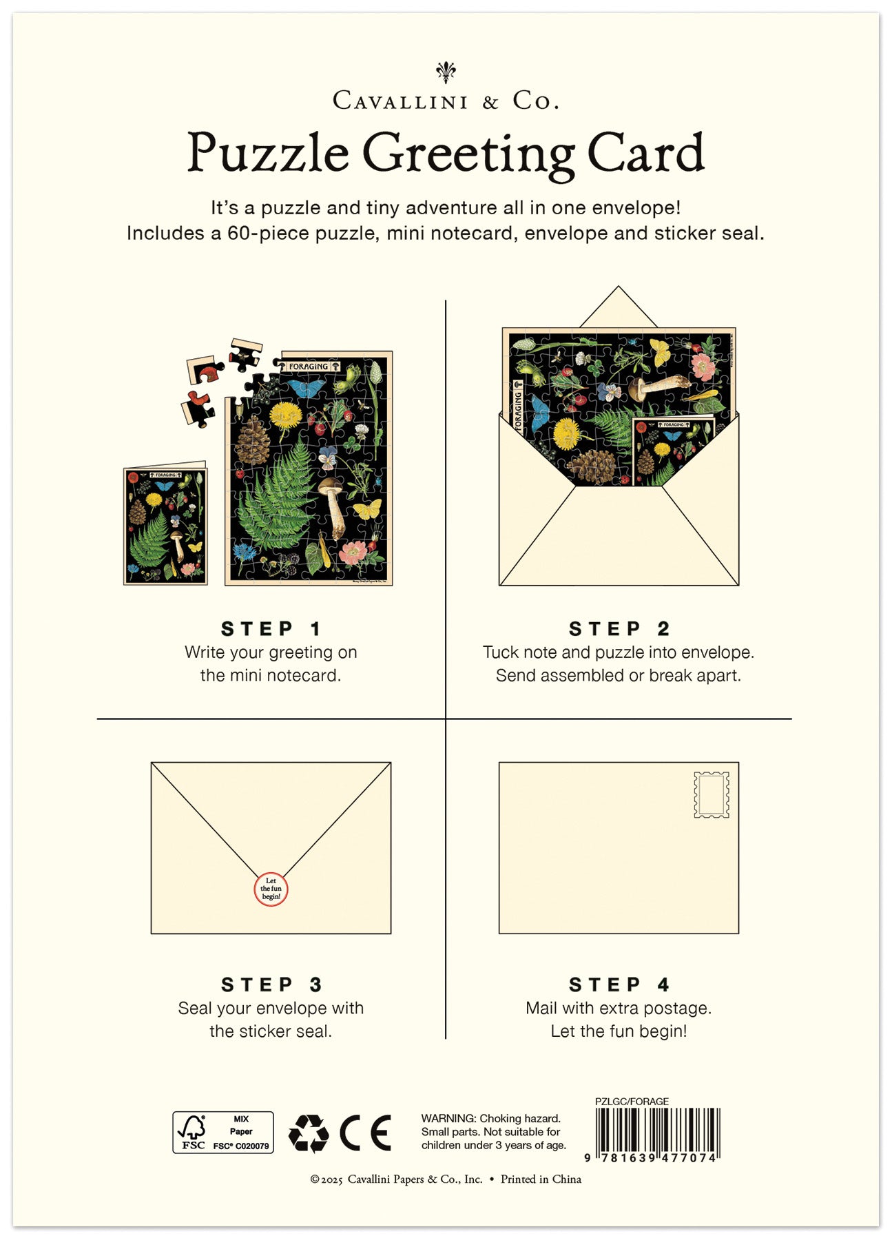 Cavallini &amp; Co. Puzzle Greeting Card packaging with step-by-step instructions on a white background.