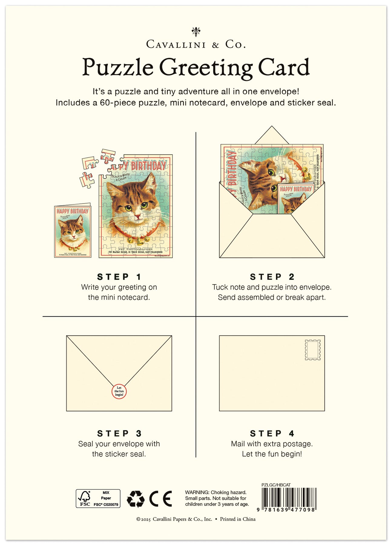 Cavallini &amp; Co. Puzzle Greeting Card packaging with steps on how to use it.