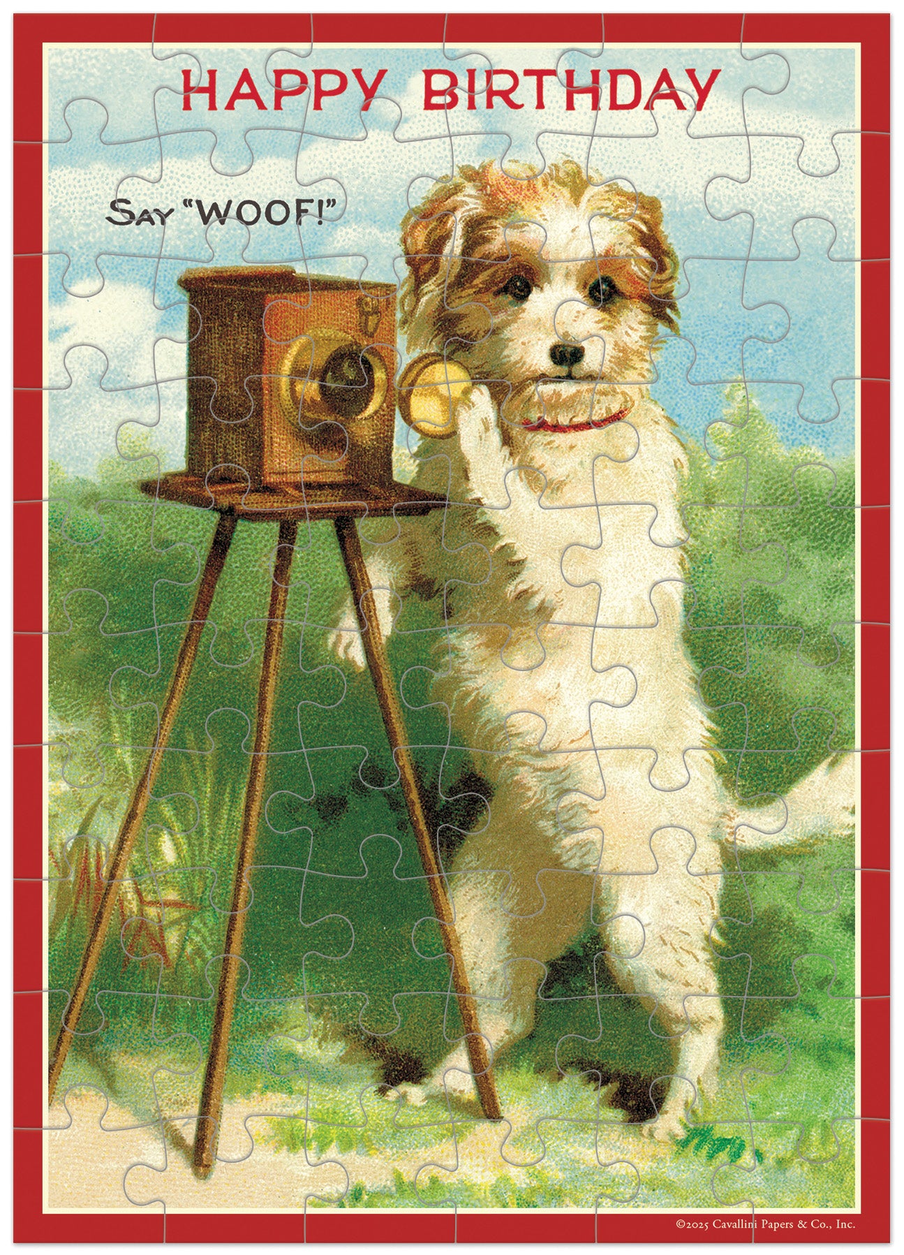 Vintage-style puzzle with a dog and camera, featuring the text &