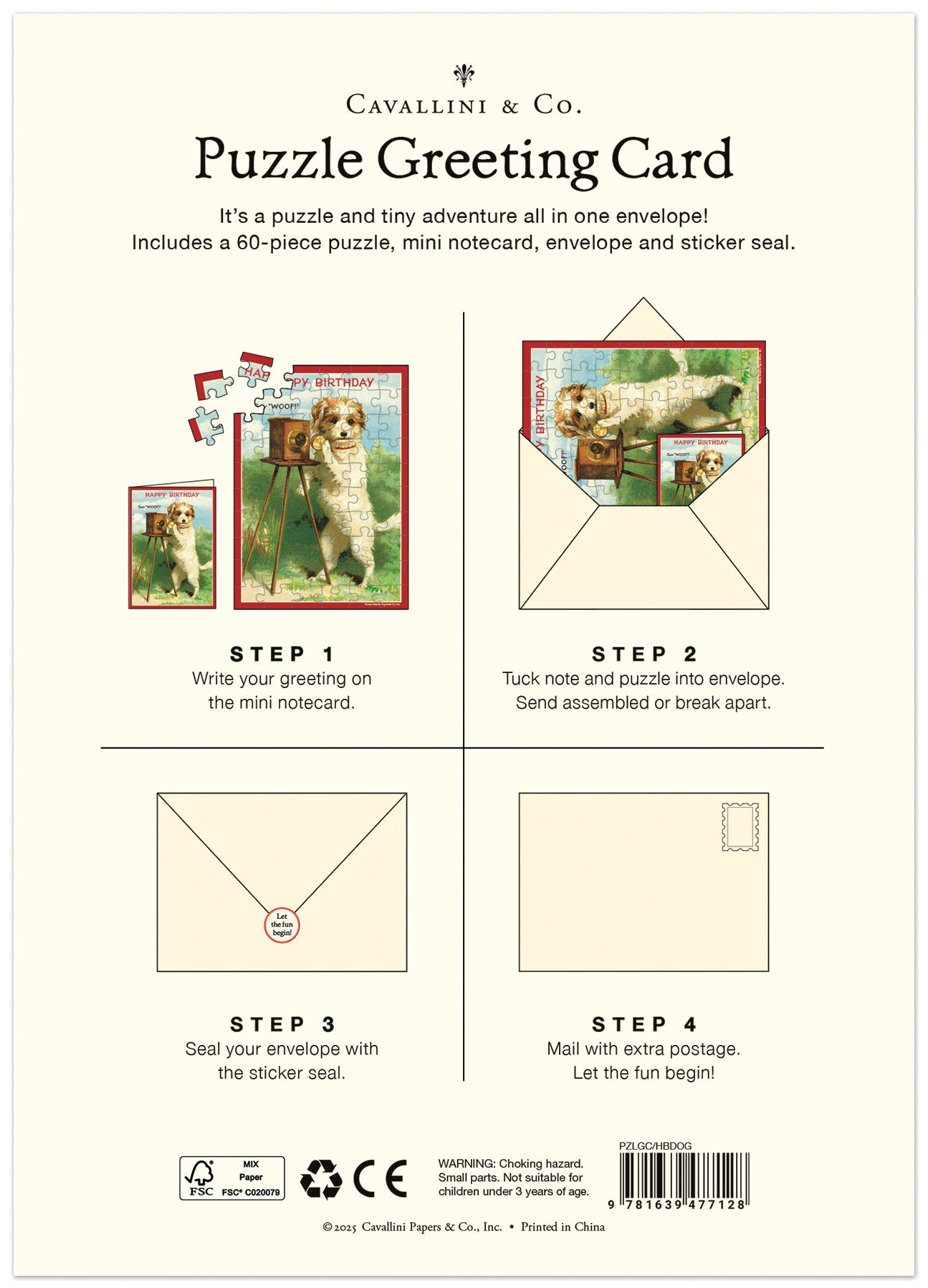 Cavallini &amp; Co. Puzzle Greeting Card packaging with step-by-step instructions on a white background.