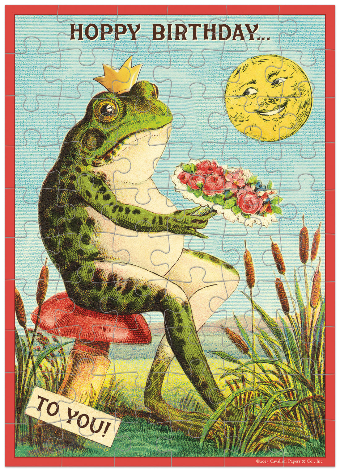 Vintage-style birthday card with a frog holding flowers, surrounded by nature elements.