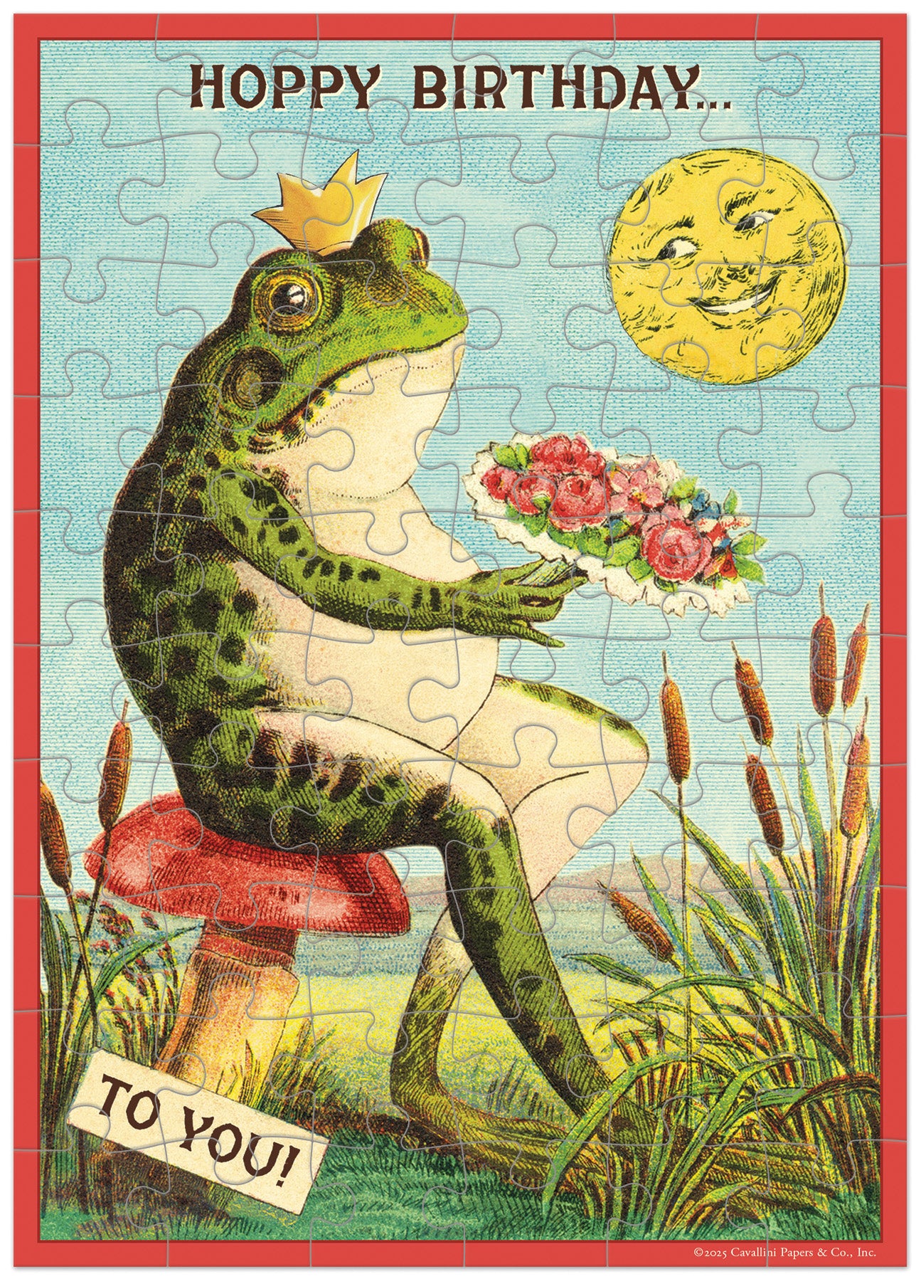 Vintage-style birthday card with a frog holding flowers, surrounded by nature elements.