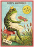 Vintage-style birthday card with a frog holding flowers, surrounded by nature elements.