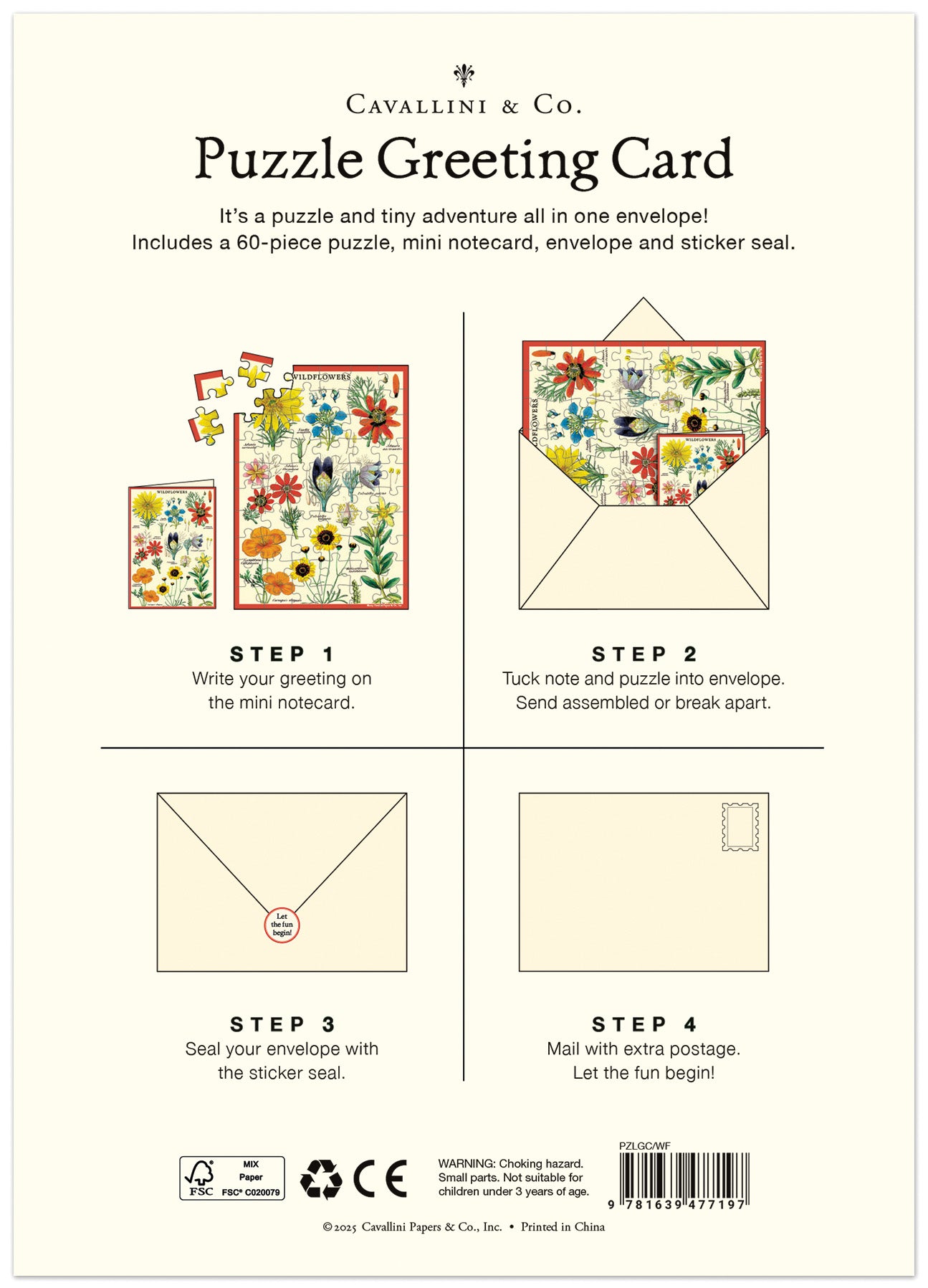 Instructions for using a Cavallini &amp; Co. puzzle greeting card with illustrations of a puzzle and an envelope.