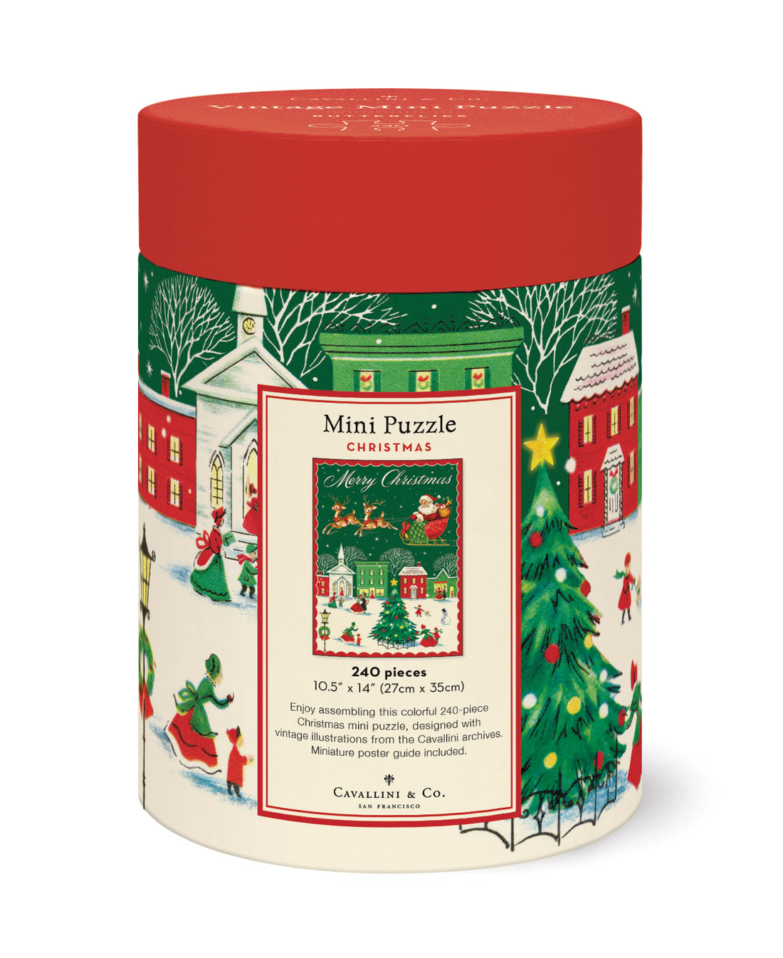  Cylindrical puzzle box with Christmas-themed design on a white background.