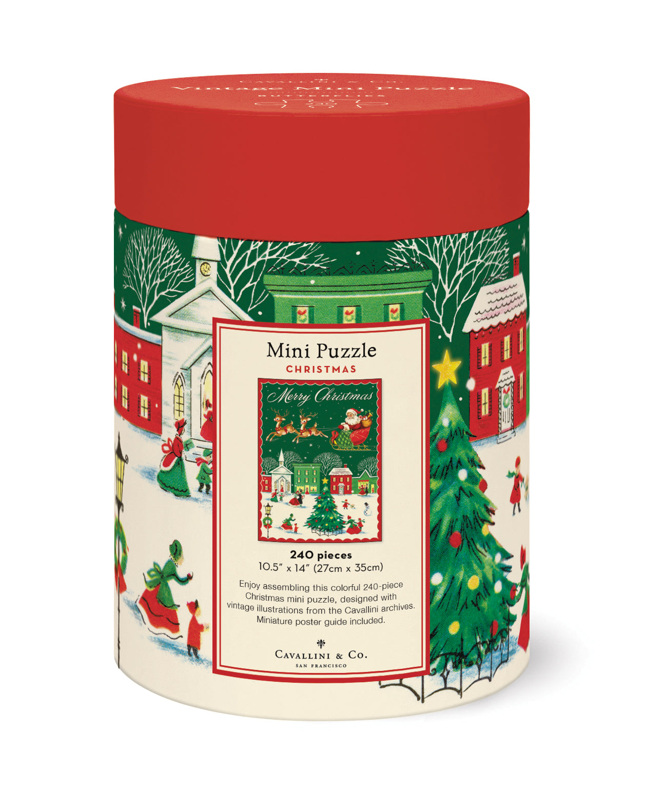  Cylindrical puzzle box with Christmas-themed design on a white background.